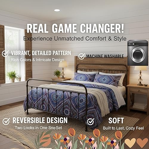 Miniatura 2 de DaDa Bedding - Juego de colcha étnica, tribal, azul marino oscuro, bohemio, patrón geométrico, patrón de diamantes, acolchado, tamaño California