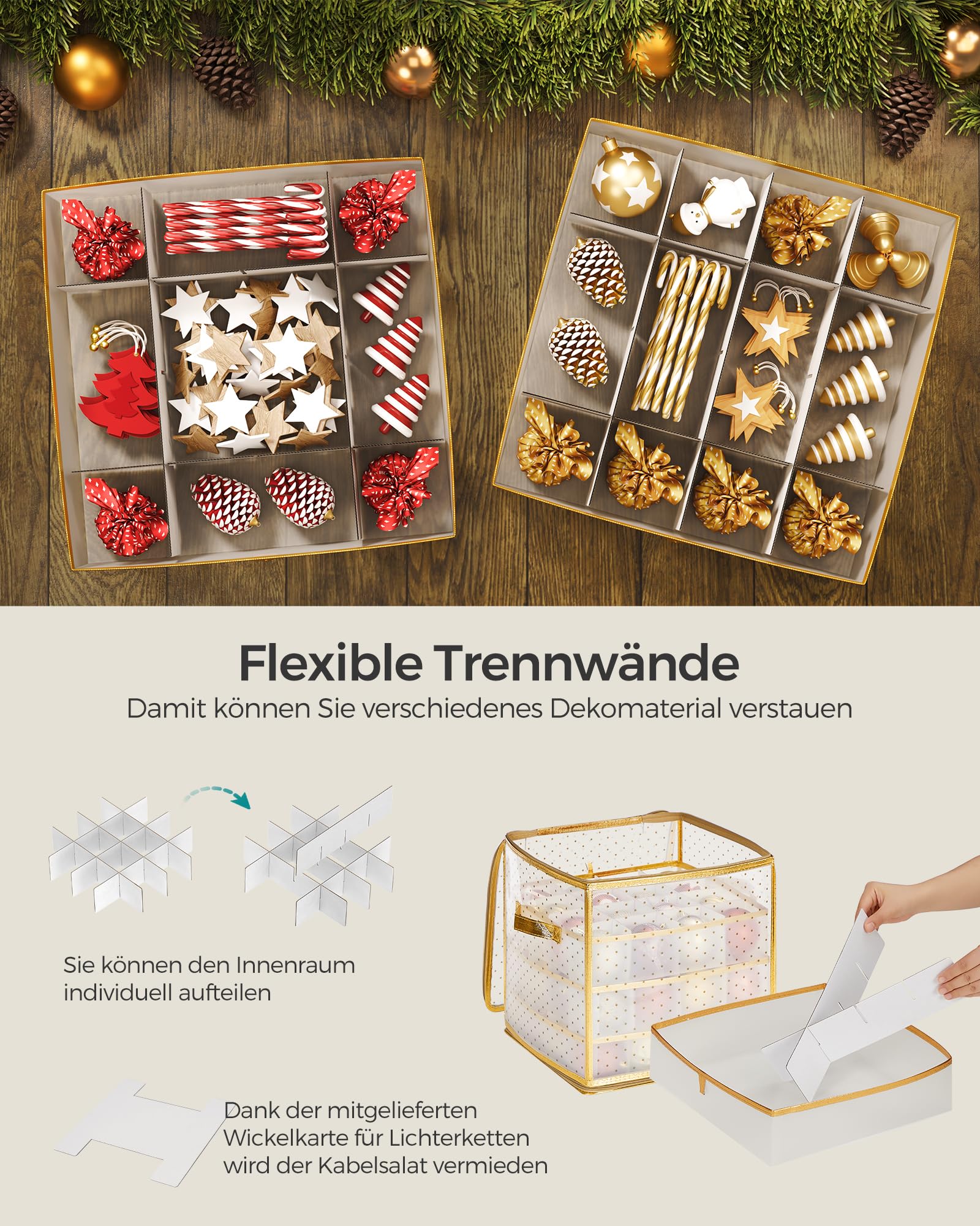 SONGMICS Aufbewahrungsbox für Weihnachtskugeln, Weihnachtskugeln Aufbewahrung, 64 Fächer je 7,6 cm, herausnehmbare Tabletts, 33,5 x 33,5 x 34 cm, sandiges Gold RFB029A03