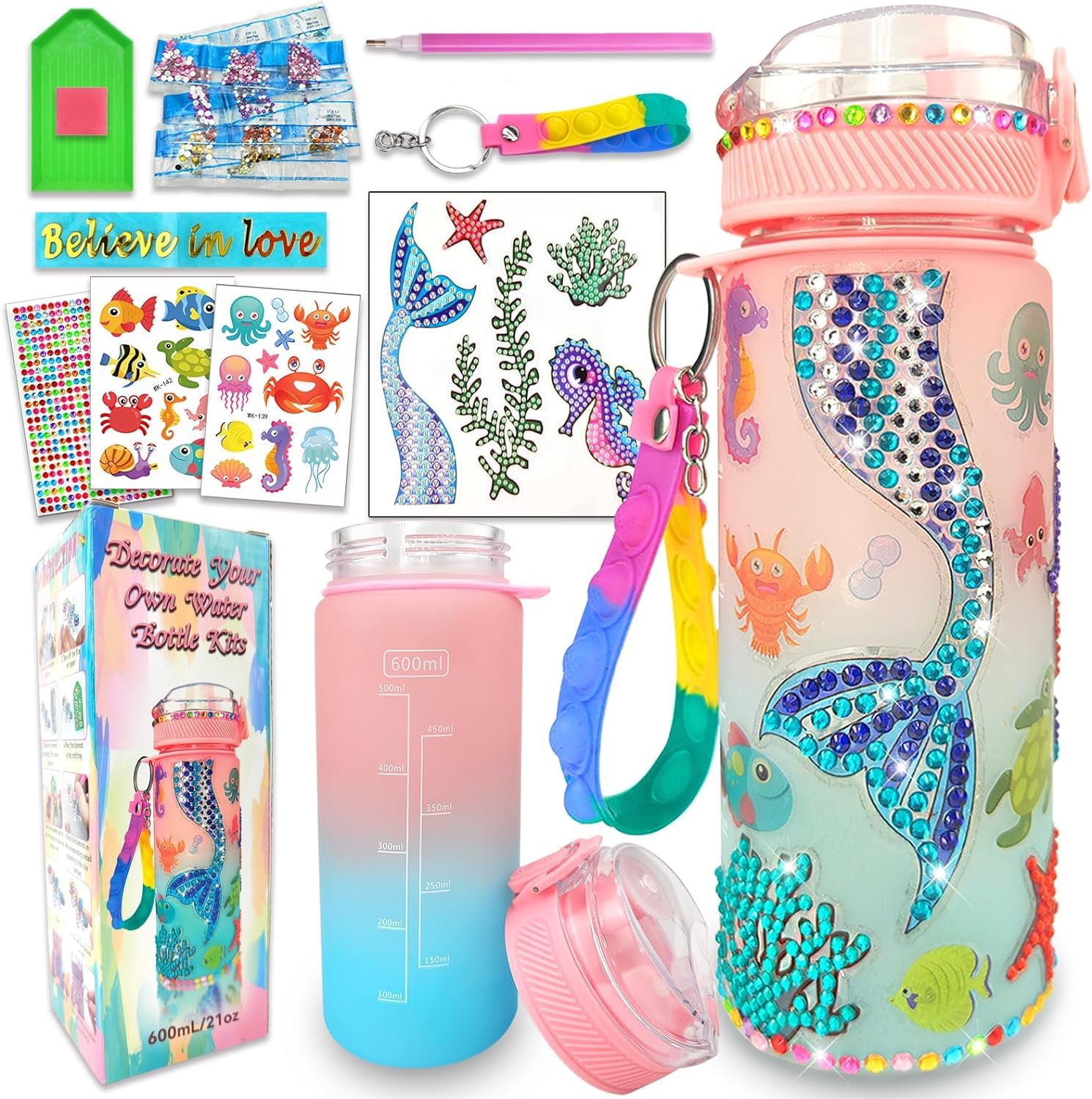 Goorder Regalo Bambina 6 7 8 9 10 11 12 Anni, Kit Borraccia Fai Da Te con Gemma Sirena Adesivi, Regalo per Ragazze per il Rientro a Scuola, Natale, Compleanno