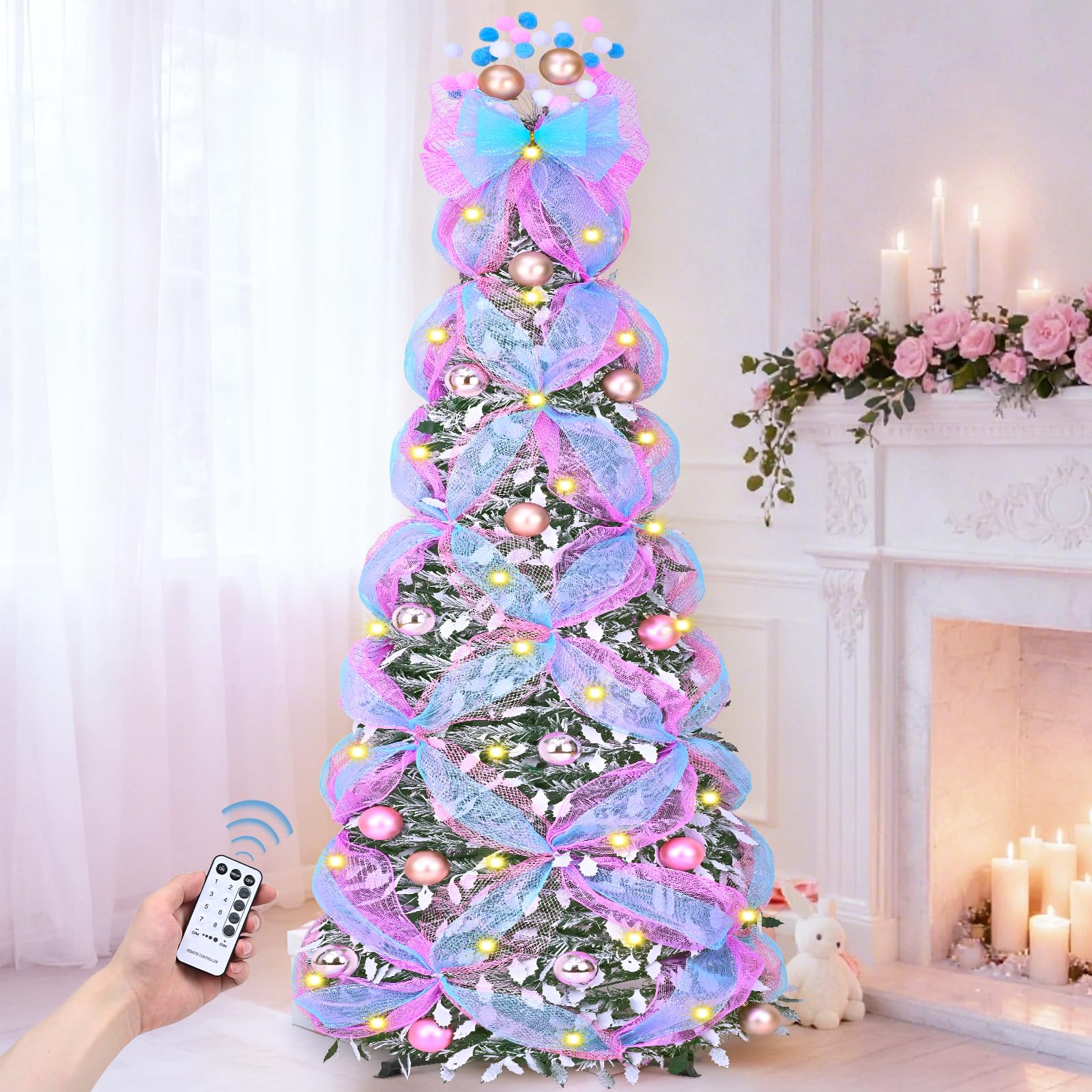MARTINE MALL 6FT Pop Up Christmas Tree with 180 Warm Lights Silver Collapsible Foldable Flocked Christmas Tree Pull Up Fully Decorated Xmas Trees with 66PCS Christmas Ornaments for Home Indoor Outdoor