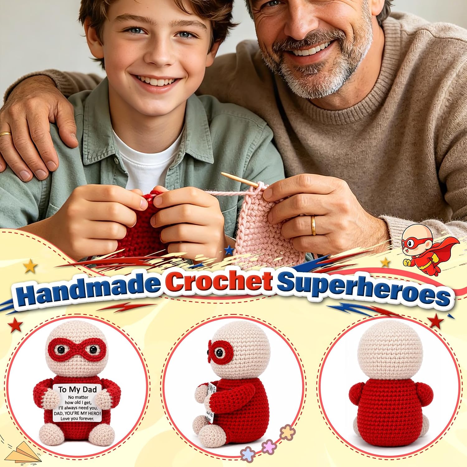 Fathers Day Dad Gifts from Daughter Son, Hero Happy Birthday Gift for Dad Bonus Step New Daddy Father In Law, I Love You Best Papa Gifts Ideas, Handmade Emotional Positive Crochet Hero Party Favors