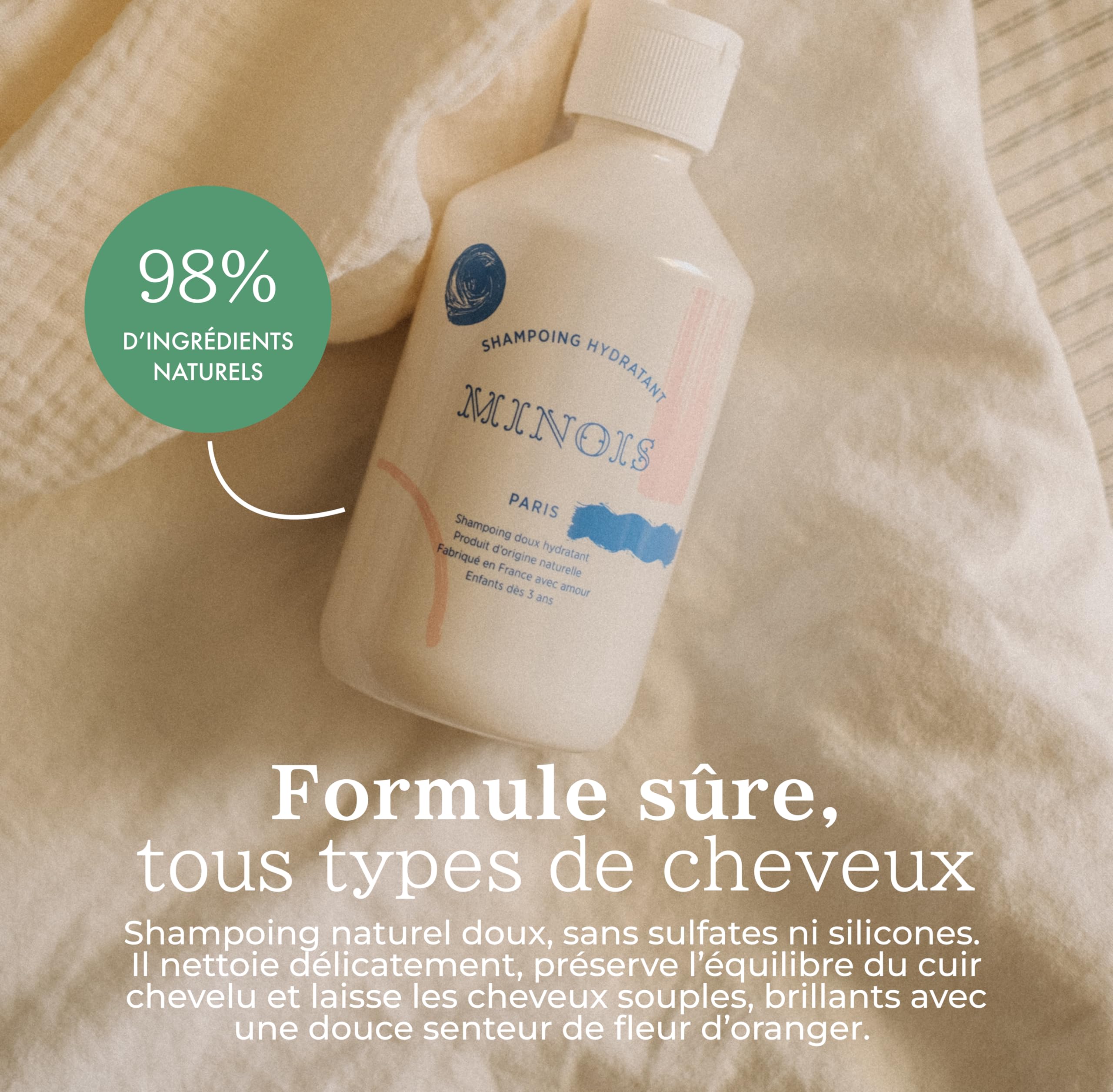 Minois Paris - Shampoing Enfant Sans Sulfate & Silicone - Tout Type de Cheveux - Facilite le Coiffage, Nettoie, Hydrate - 98% Ingrédients d’Origine Naturelle – Fleur d’Oranger – Made in France - 300ML