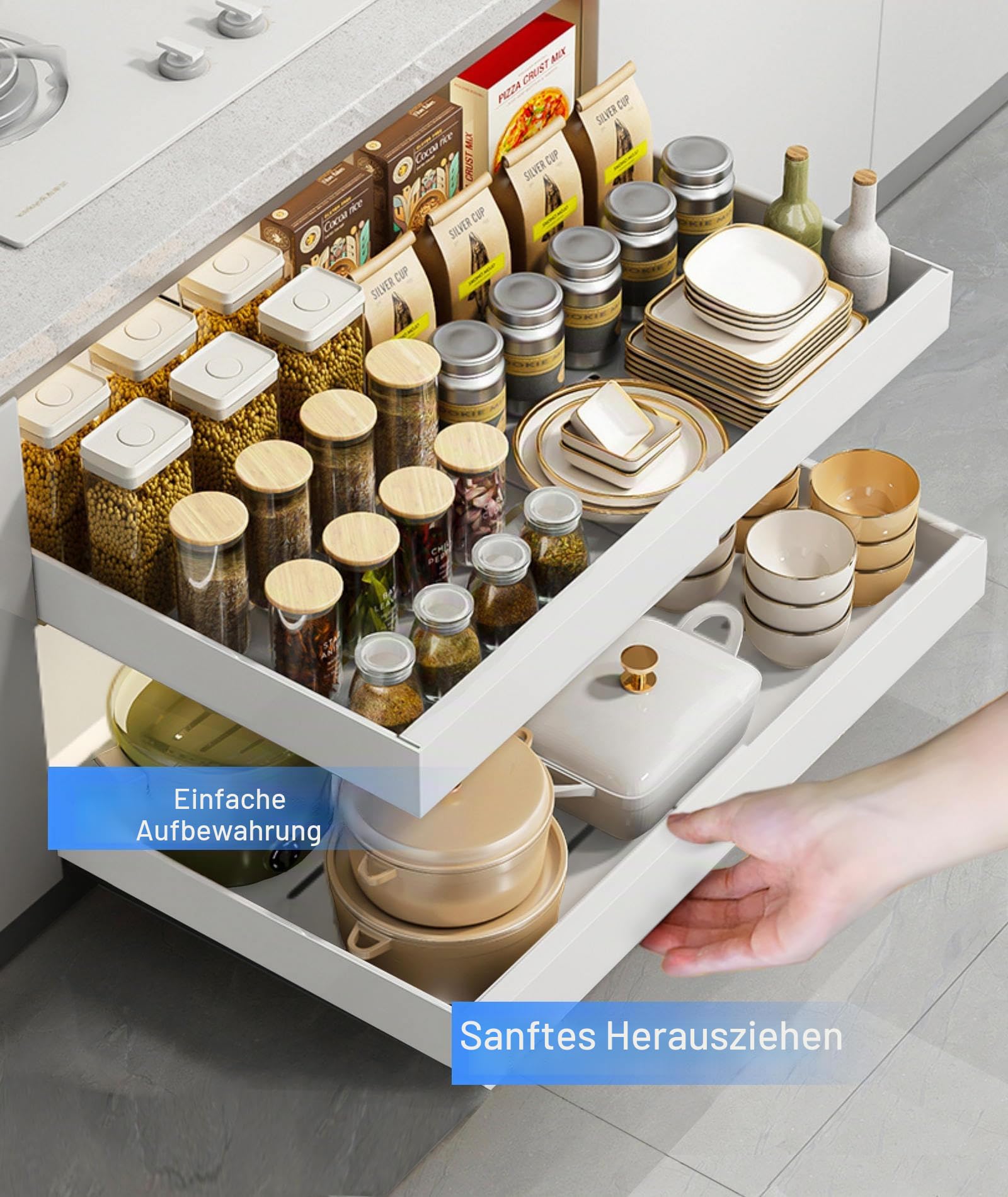 2PCS Ausziehbarer Schrank Organizer, Teleskopschublade Zum Nachrüsten Kein Bohren Und Nageln Erforderlich Pull Out Drawer Einstellbare Breite Für Die Küche Bad Wohnzimmer 32-52x42x7cm (2, Weiß)