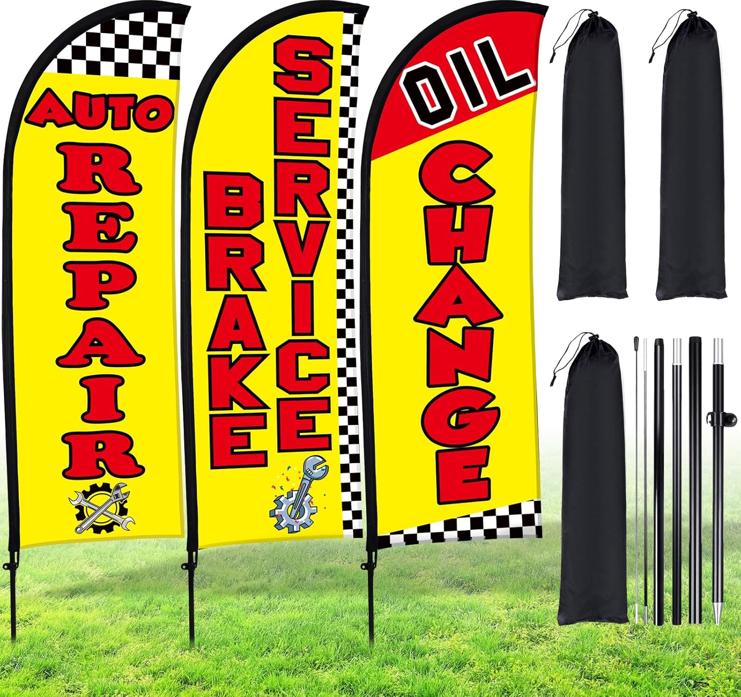 Buryeah 3 Set Feather Flags Pole Kit, Auto Repair, Brake Service, Oil Change Swooper Flag with Pole Ground Stake and Bag 7 ft Feather Banner Flag for Advertising Outside Ground(Red)