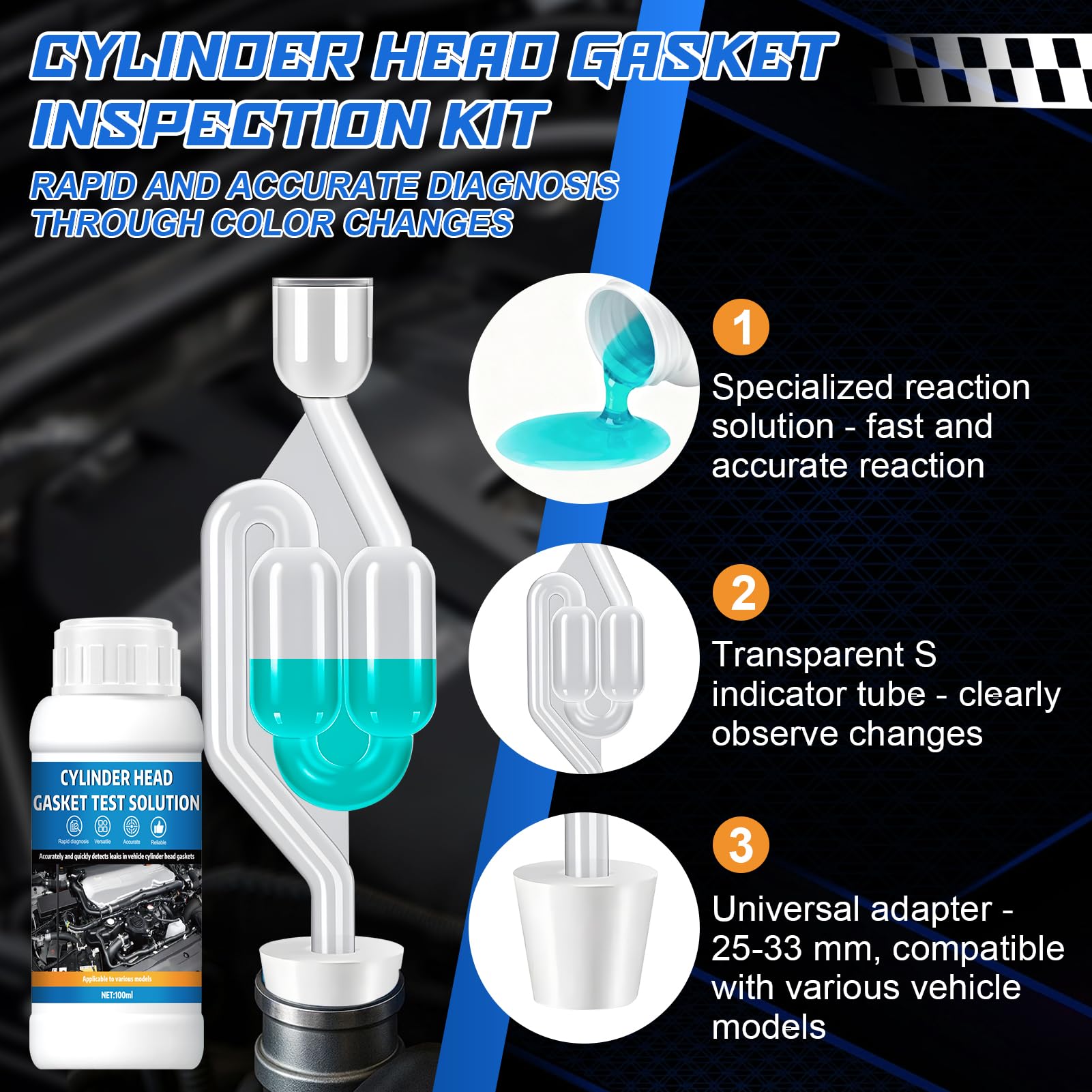 Test Guarnizione Testata, Tester di Guarnizione a Testa Cilindrica CO2 - Diagnosi Rapida e Affidabile per 50 Test, Kit Universale Rilevatore di Perdite CO₂ per Auto e Moto