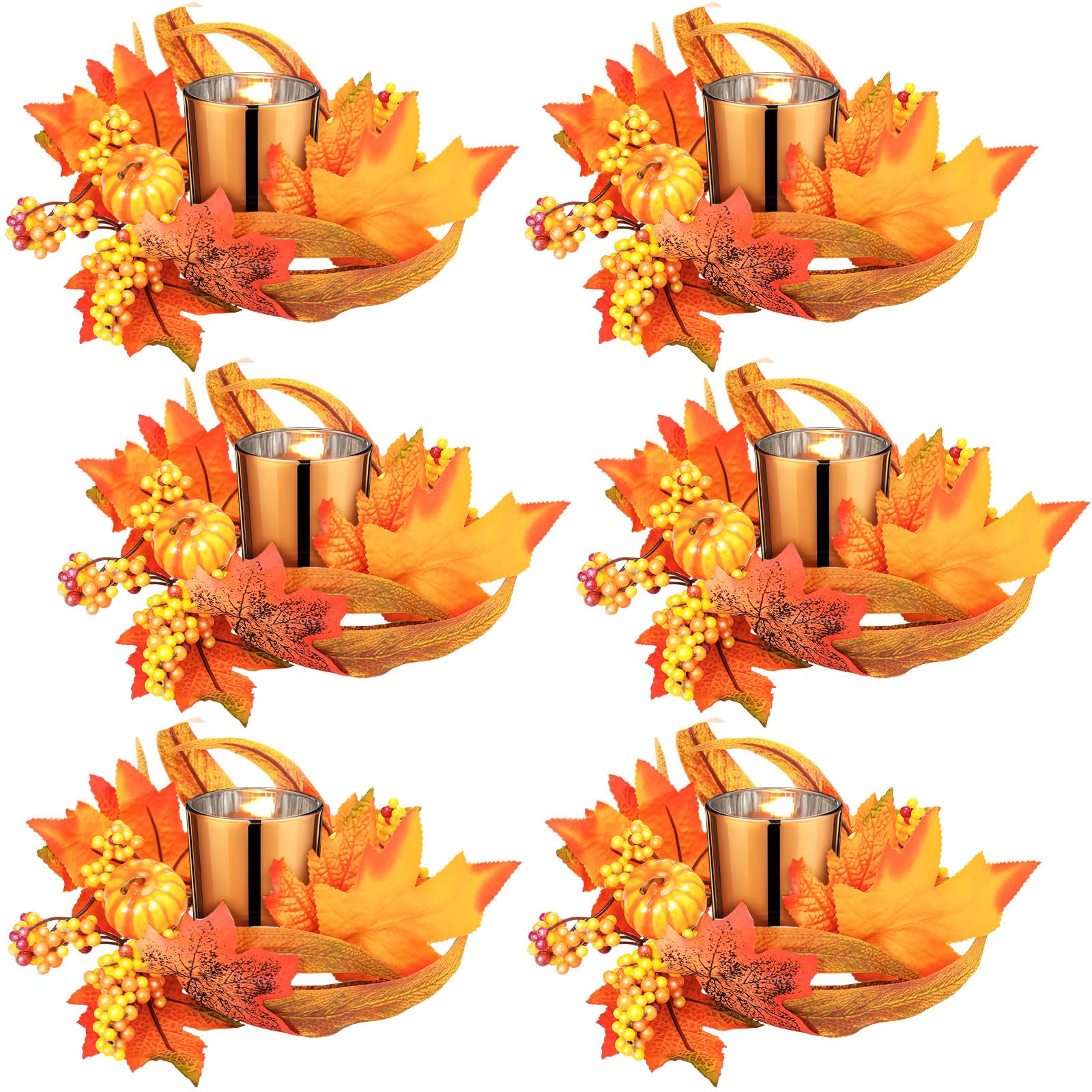 Umigy Set of 12 Fall Votive Candle Holders with Thanksgiving Candle Rings Autumn Pumpkin Candle Rings Wreaths 6 Glass Votive Tealight Holders with 6 Maple Leaves Wreath Ring for Table Decoration