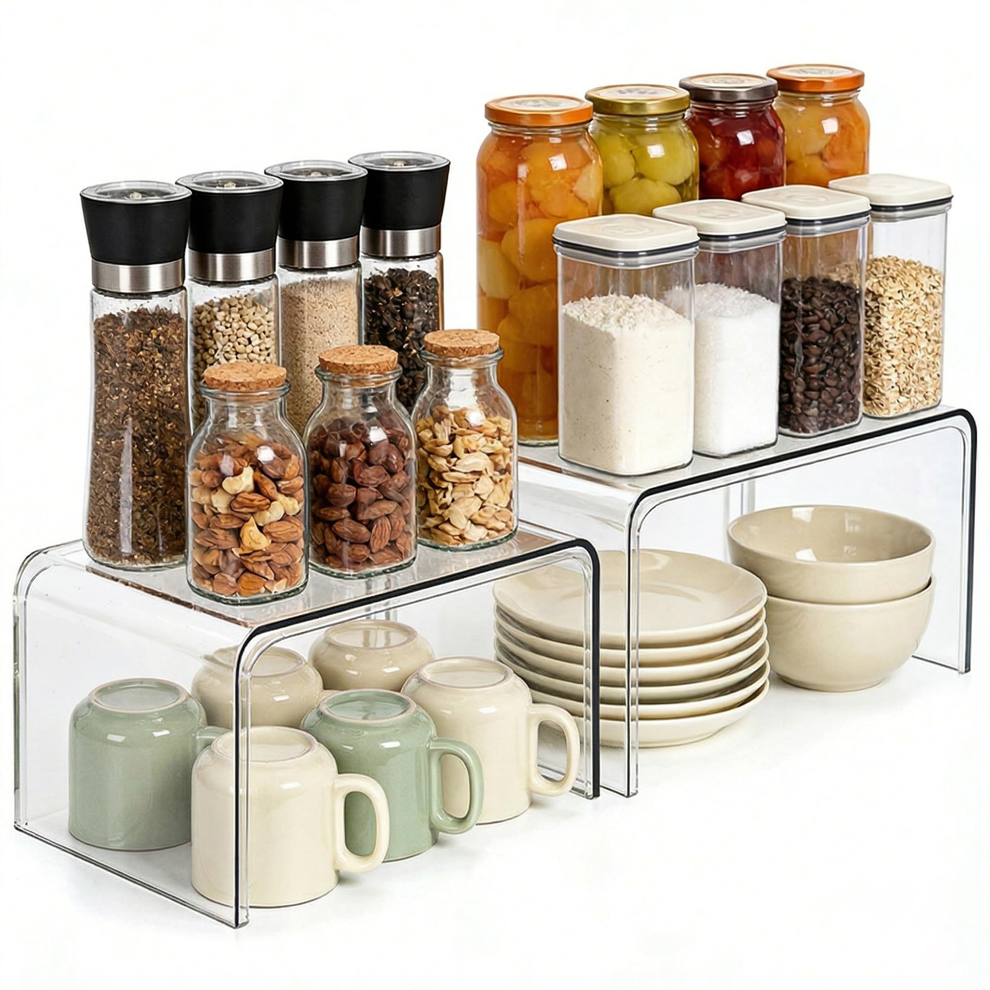 Clear Cabinet Organizer, Shelf Organizer Set of 2 for Kitchen Pantry Organizers and Storage, Display Cabinet Shelf Room Decor Countertop Desk Shelves, Patented Spice Organization for Cabinet