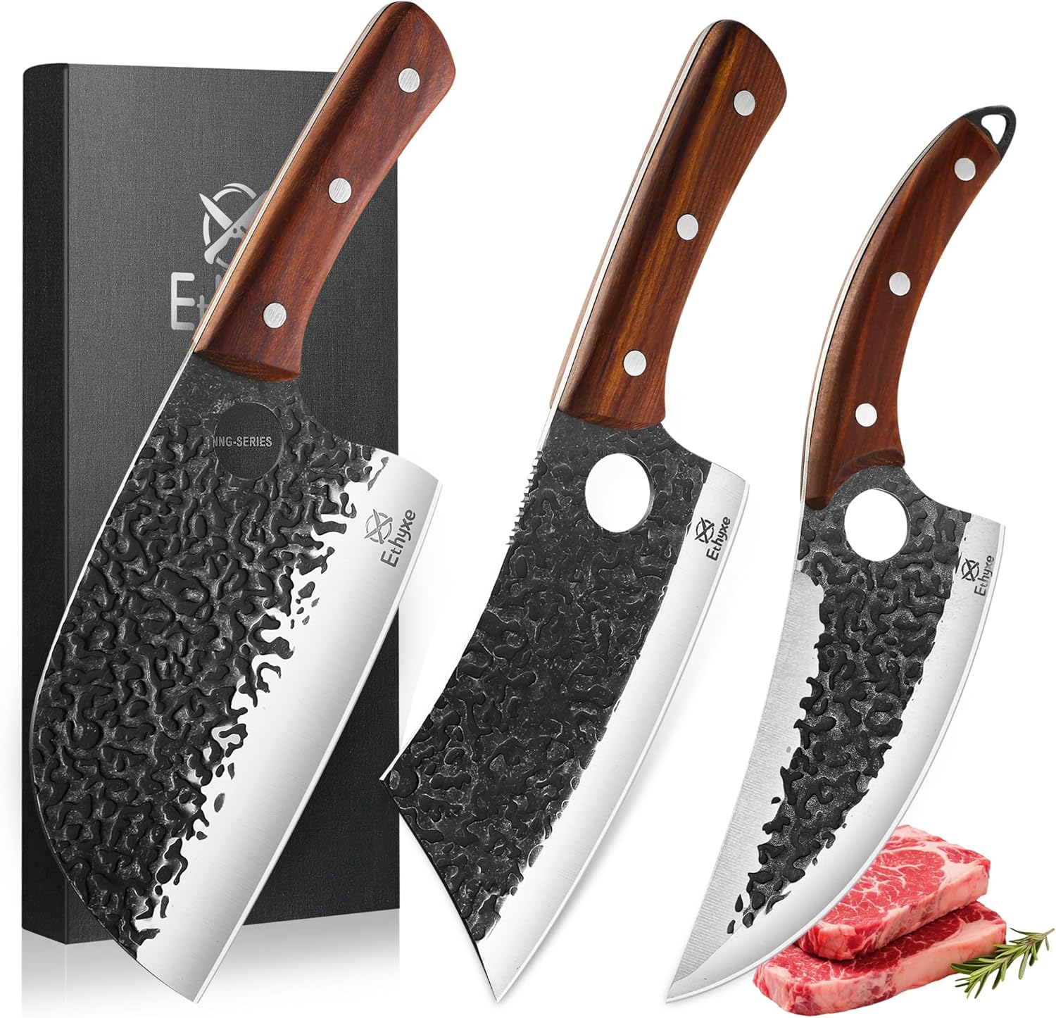 Butcher Knife Set – 3PCS Hand Forged Kitchen Knife Set with Serbian Chef Knife, Viking Boning Knife & Meat Cleaver, High Carbon Steel for Meat Cutting, Outdoor BBQ, Camping, Gift for Men