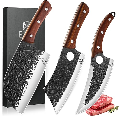 Butcher Knife Set – 3PCS Hand Forged Kitchen Knife Set with Serbian Chef Knife, Viking Boning Knife & Meat Cleaver, High Carbon Steel for Meat