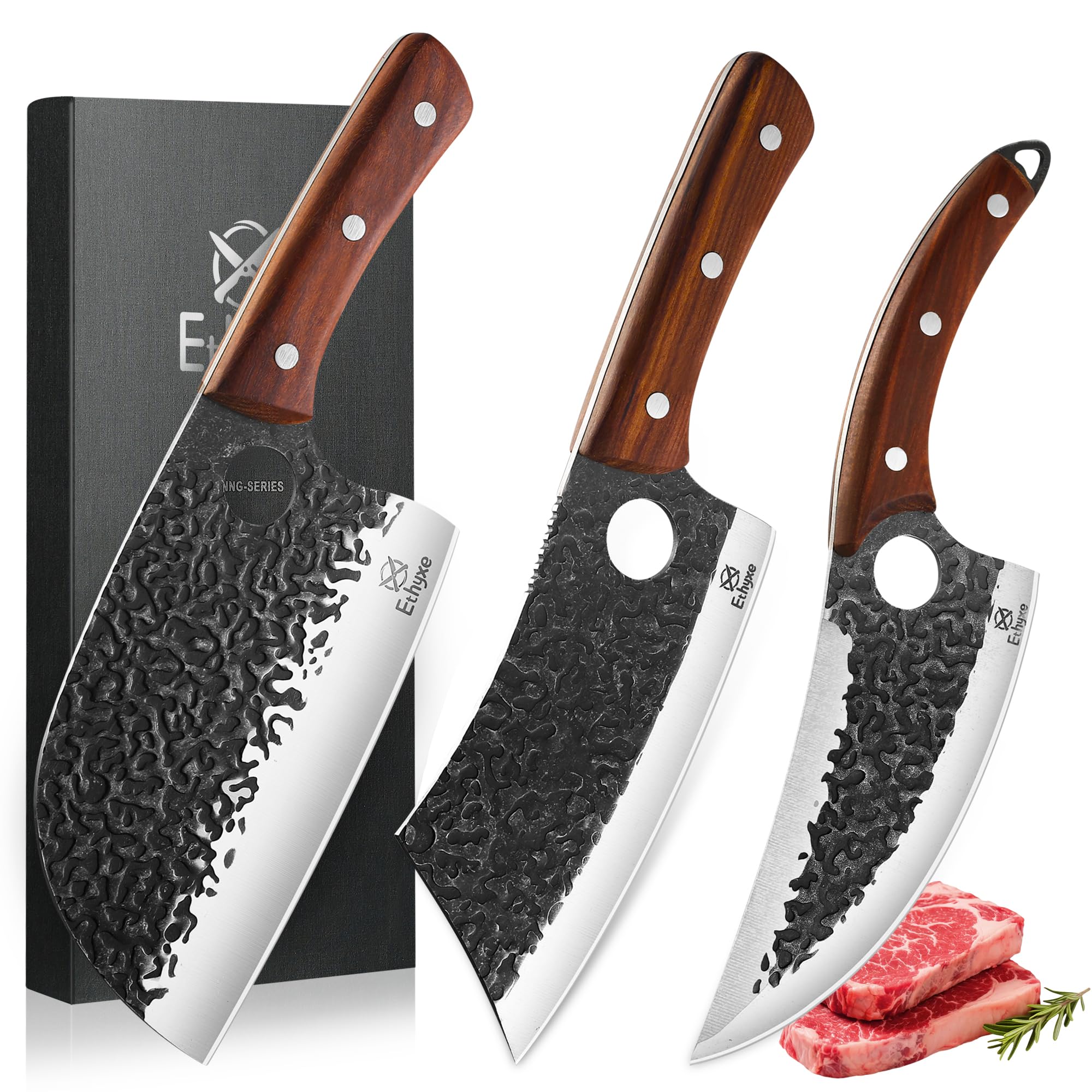 Amazon.com: Ethyxe Butcher Knife Set – 3PCS Hand Forged Kitchen