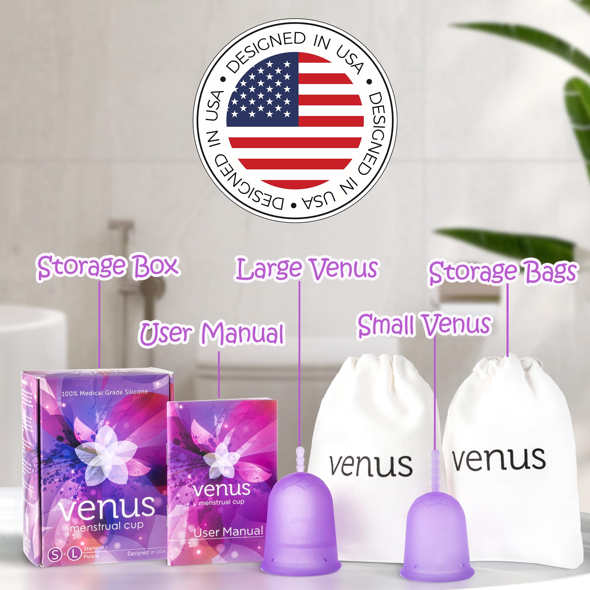 Venus Kit de inicio de copa menstrual - Juego de 2 tazas en 1 paquete - Perfecto para principiantes - Registrado por la FDA y vasos menstruales reutilizables de silicona 100% médica - Made in USA