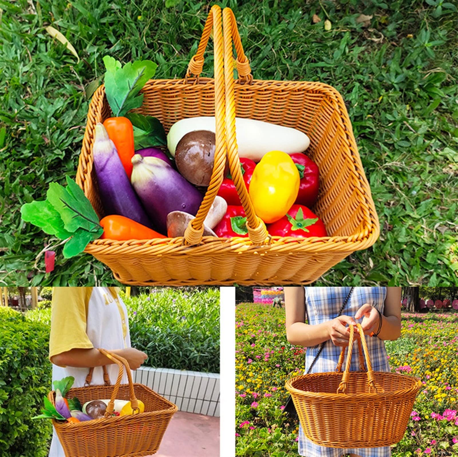 Cestino in vimini intrecciato a mano per frutta e verdura con grande capacità per shopping sul mercato e raccolta in giardino
