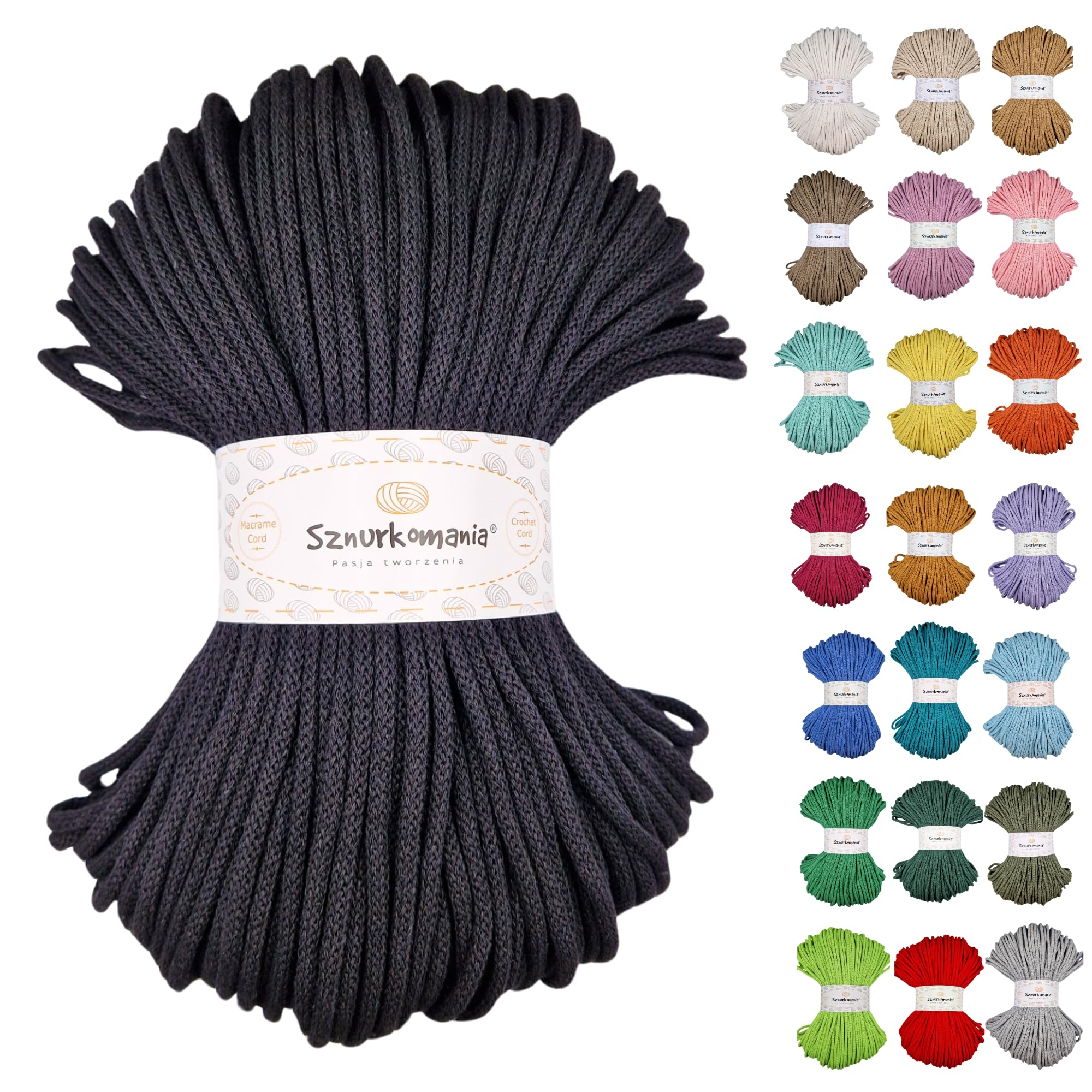 Braided Cotton Cord 5 mm 100 m, 46 Colours, Crochet Cord, Macrame Cord, Macrame Yarn, Premium Yarn, Macrame Rope, Sznurkomania (Black)