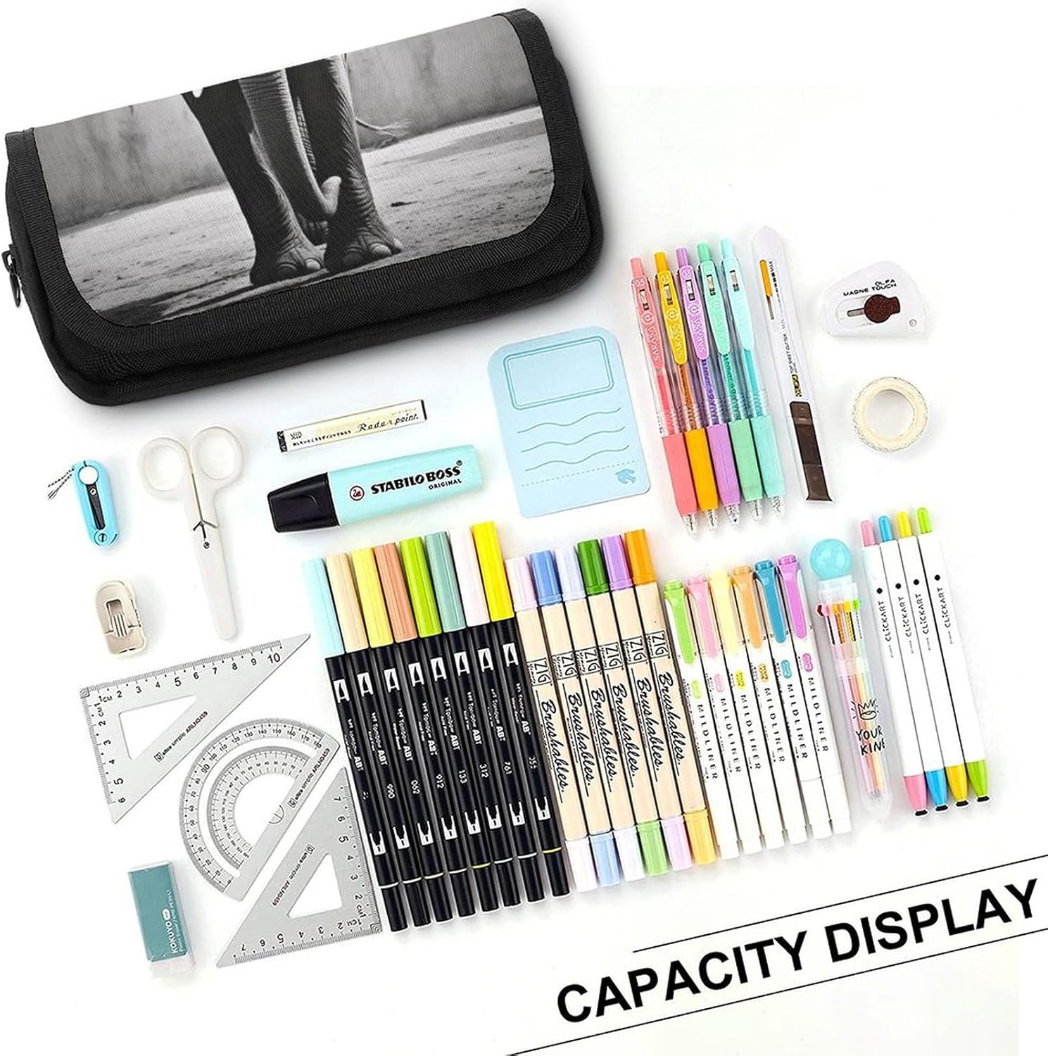 Pencil Case Black White Elephant Large Capacity Pencil Case Double Zipper Storage Bag 2 Compartments Portable Multifunctional Bag Desk Organizer Marker Pen Case