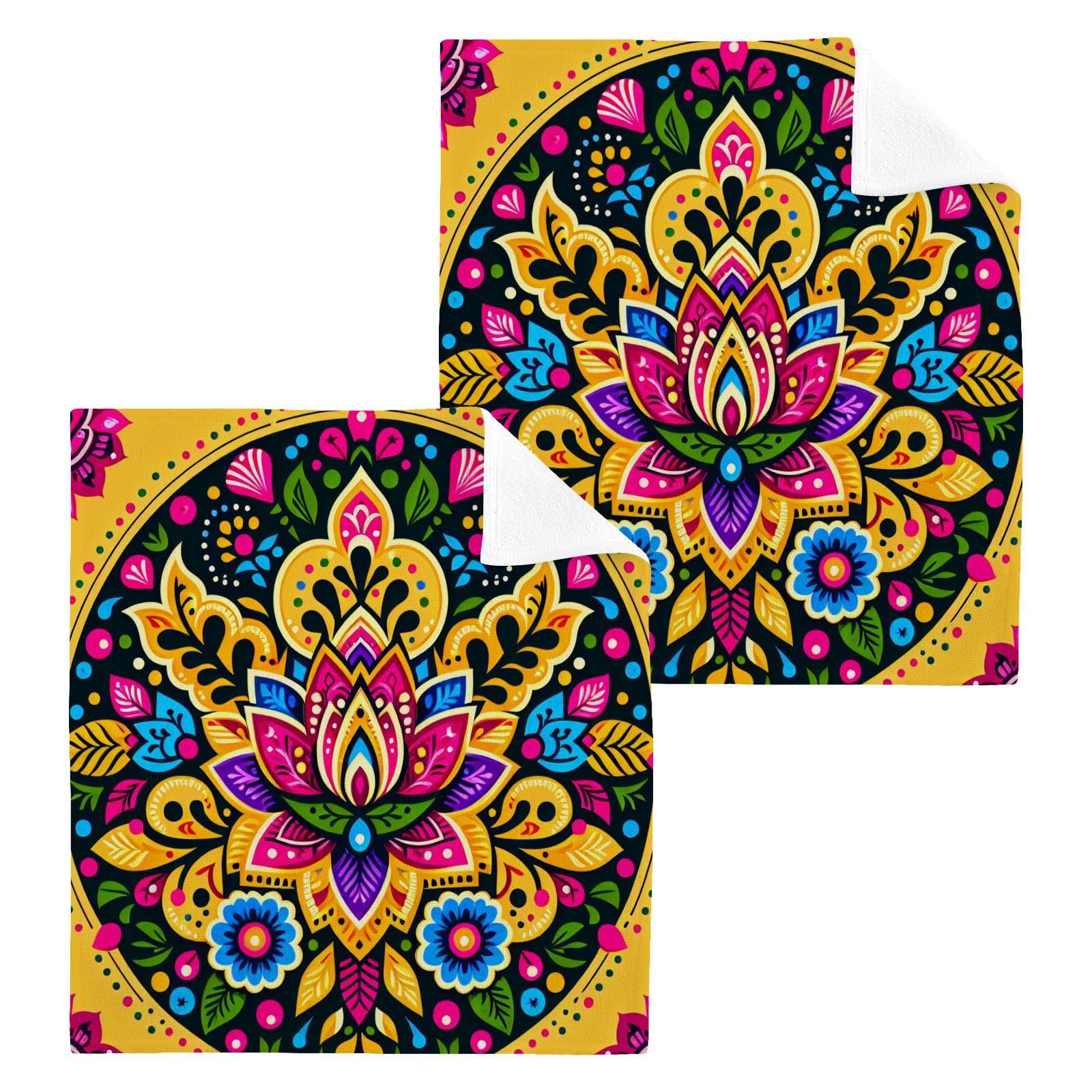 YANENDIE Intricate Floral Pattern Washcloths Towels, Highly Absorbent and Soft Cotton Face Cloths, 2 Pack Quick Dry Wash Cloths - 12 X 12 Inches