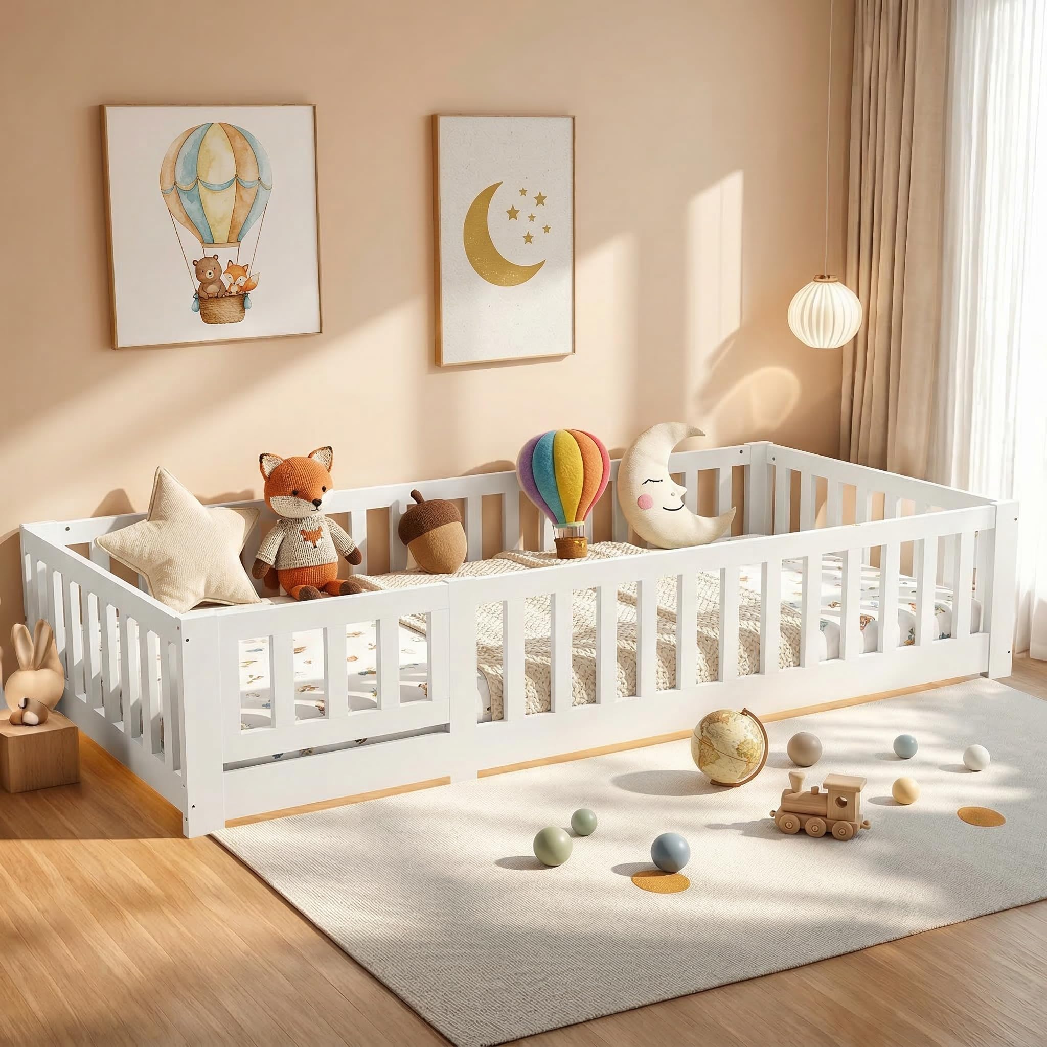 Lettino Montessori per bambini 90 x 200 cm con Protezione Anticaduta,Cama Suelo con Barandilla de Seguridad,Camas para Niños y Niñas,Telaio in Legno Massello di Pino,Bianco