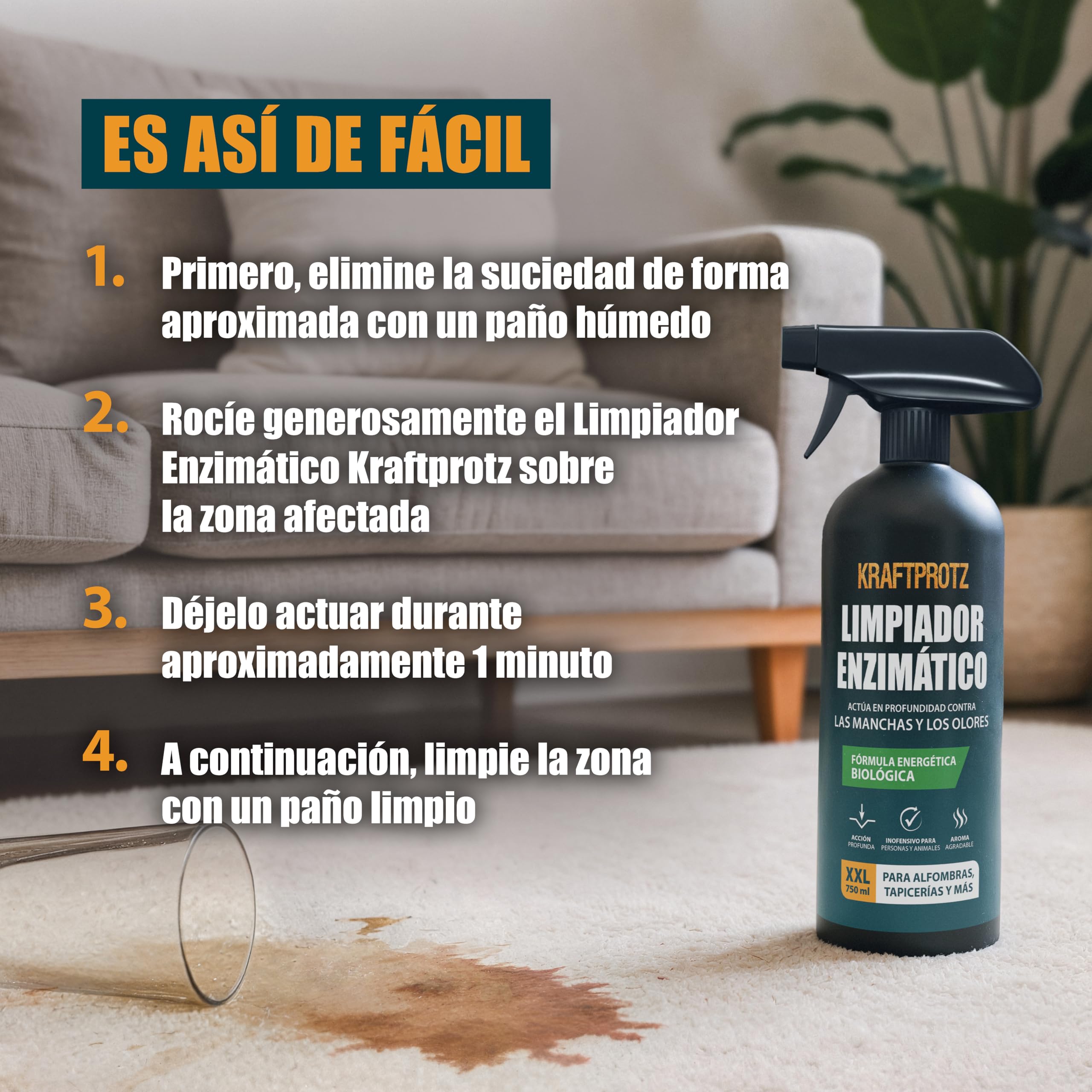 Limpiador enzimático 750 ml – KRAFTPROTZ Limpiador biológico para Manchas y olores – Limpieza Profunda y cuidadosa – Ideal para alfombras, tapicerías, colchones, Textiles, Coche y hogar