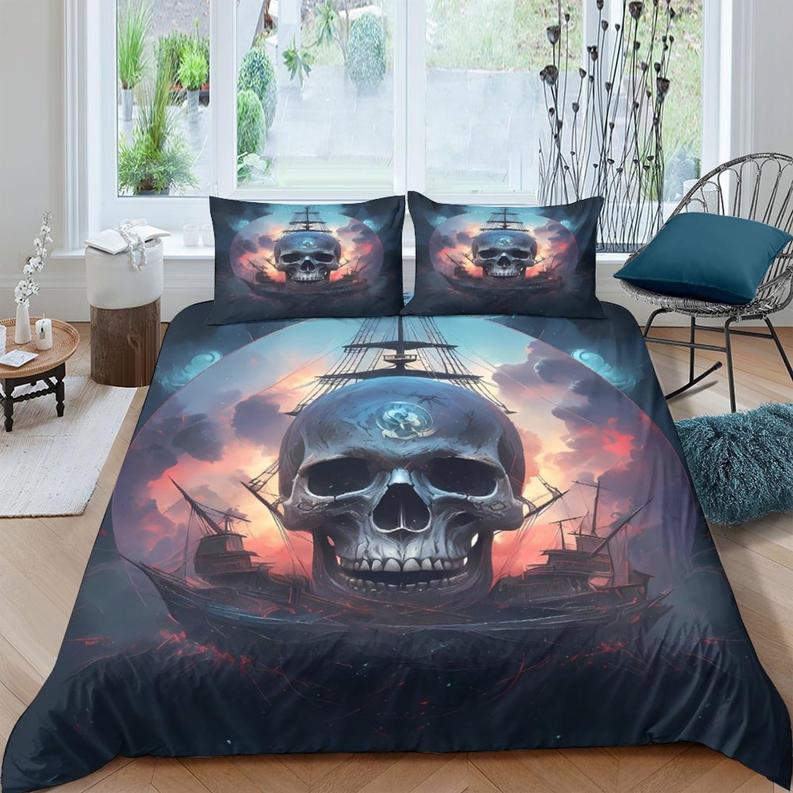 Ctjqhvkz Style-6 3D Printed Skull Pirate Fitted Sheet Microfiber Soft Black Gothic Fire Ship Mattress Cover Bedroom Dorm Decor Single（135X200cm）