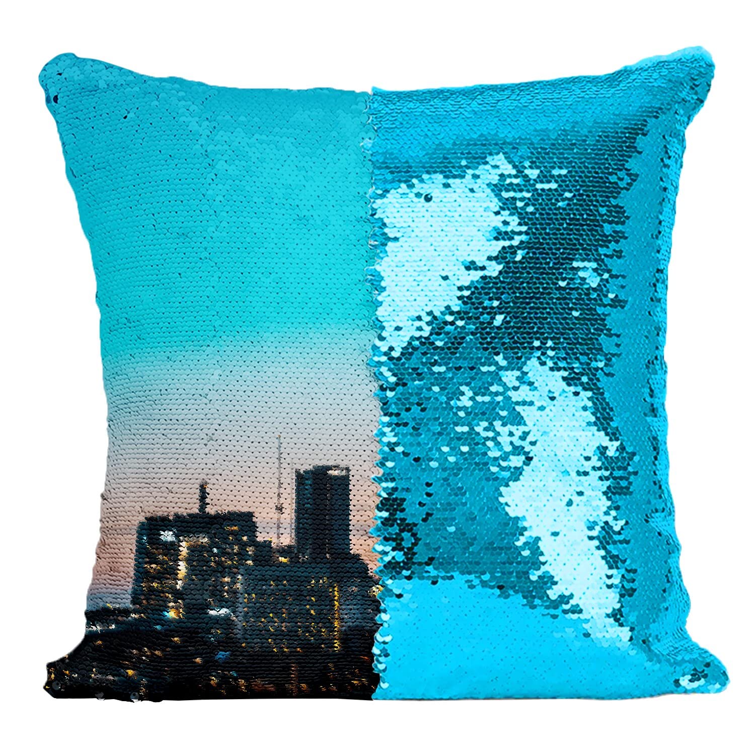 Coussin housse sequin paillettes turquoise réversibles motif building