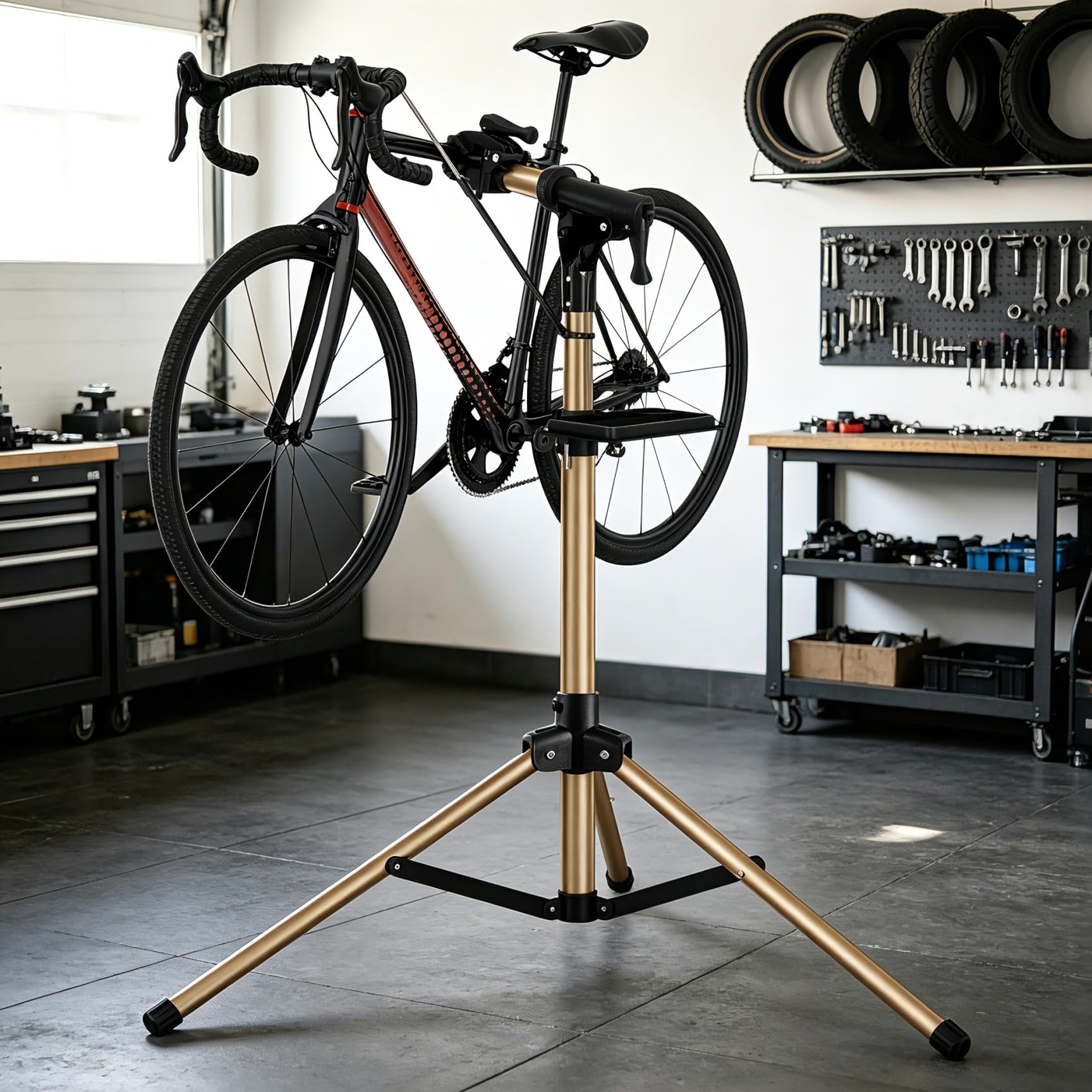 Cavalletto 3 Gambe Alluminio Riparazione e Montaggio Bici, Completamente Pieghevole, Doppio Blocco Sicurezza, Compatto, Ultraleggero, Ampio Vassoio Magnetico
