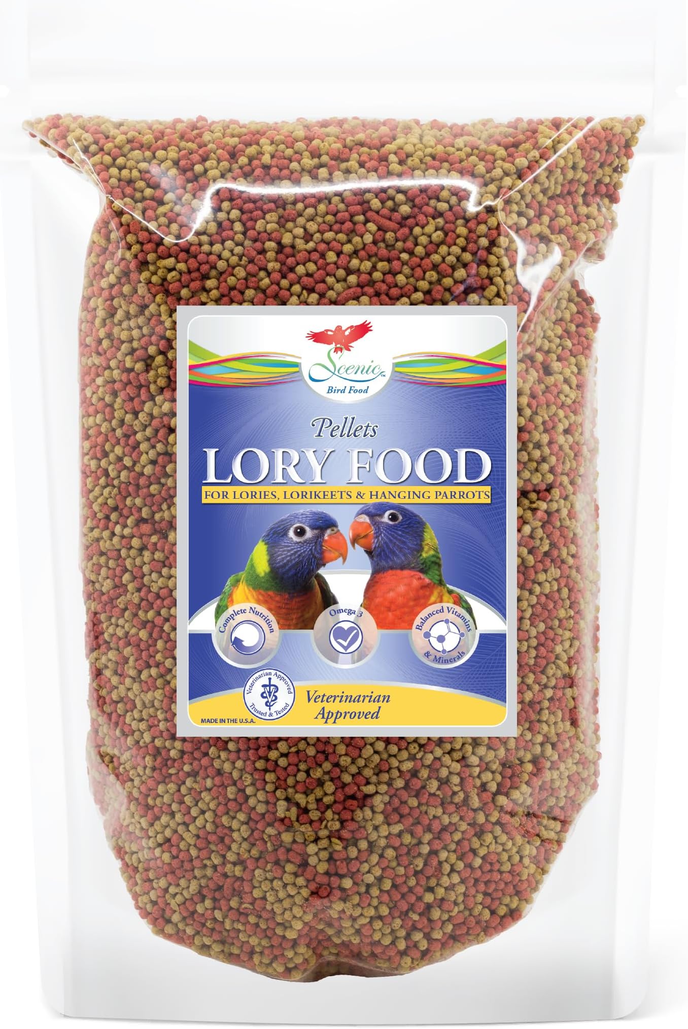 Scenic Lory Pellets Bird Food | Lories, Lorikeets, and Hanging Parrots | Formulated Diet | 2 LB