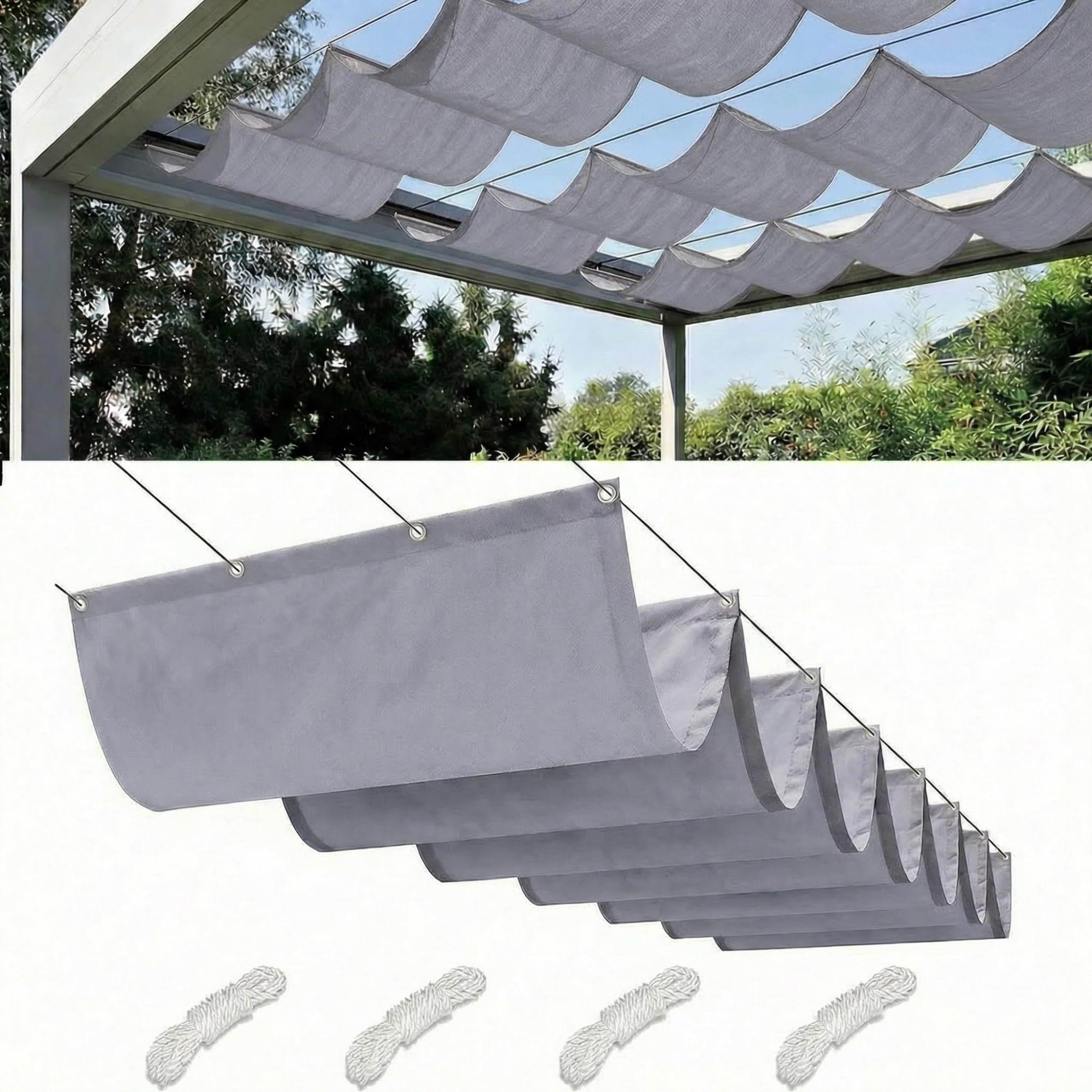 Retractable Wave Sun Shade Sail Waterproof Pergola Cover 95% UV Protection Outdoor Awning Canopy with Ropes for Patio Garden Deck Porch BBQ Shelter Privacy Screen Summer(Light Gray,1.5x1.5M(L x W))