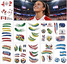 World Cup 2026 Soccer Temporary Tattoos 11 Sheets, Waterproof with Canadian Flag Face Stickers for kids adult, Soccer Fans Makeup World Cup 2026 Merchandise for Game Day, Sports Party Decorations