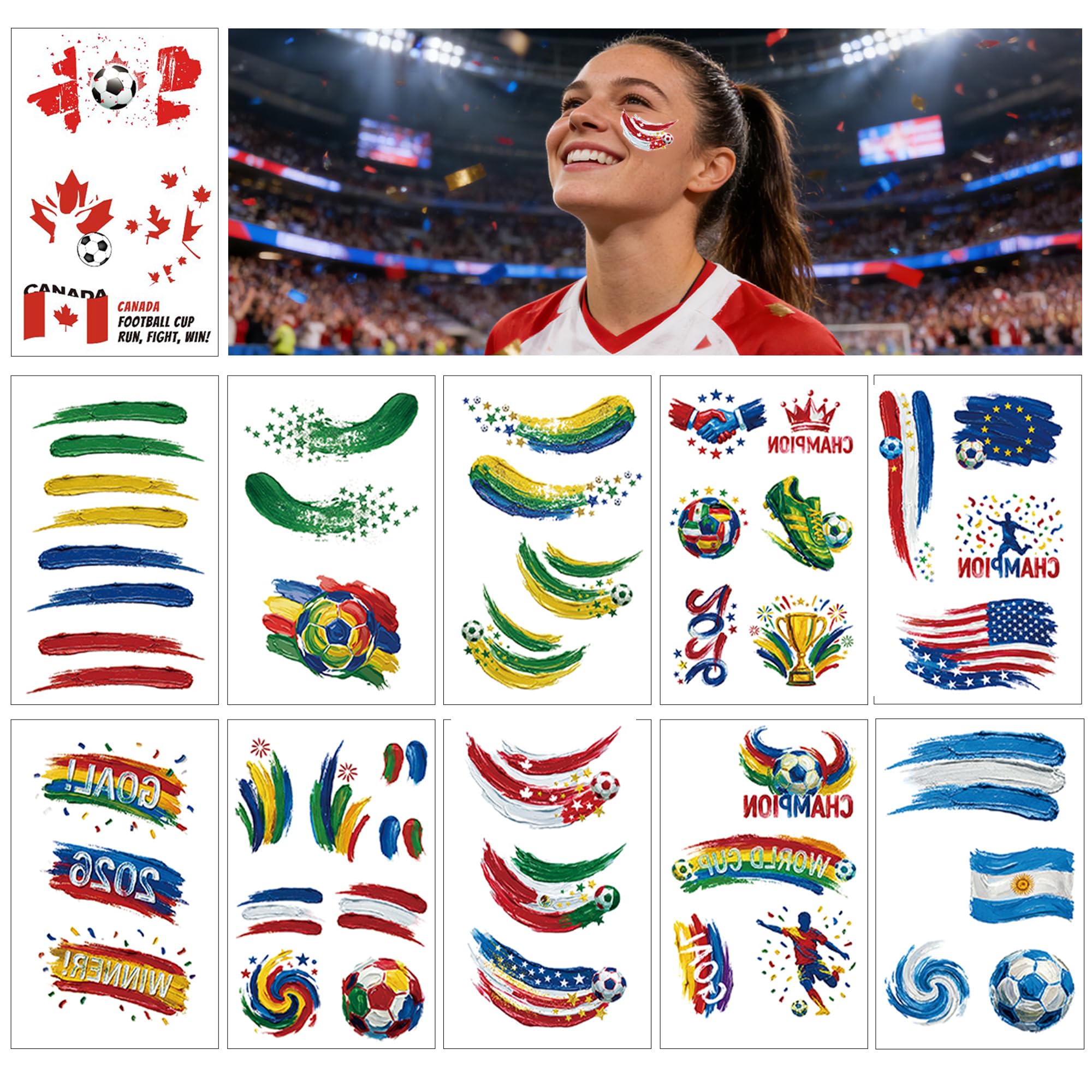 World Cup 2026 Soccer Temporary Tattoos 11 Sheets, Waterproof with Canadian Flag Face Stickers for kids adult, Soccer Fans Makeup World Cup 2026 Merchandise for Game Day, Sports Party Decorations