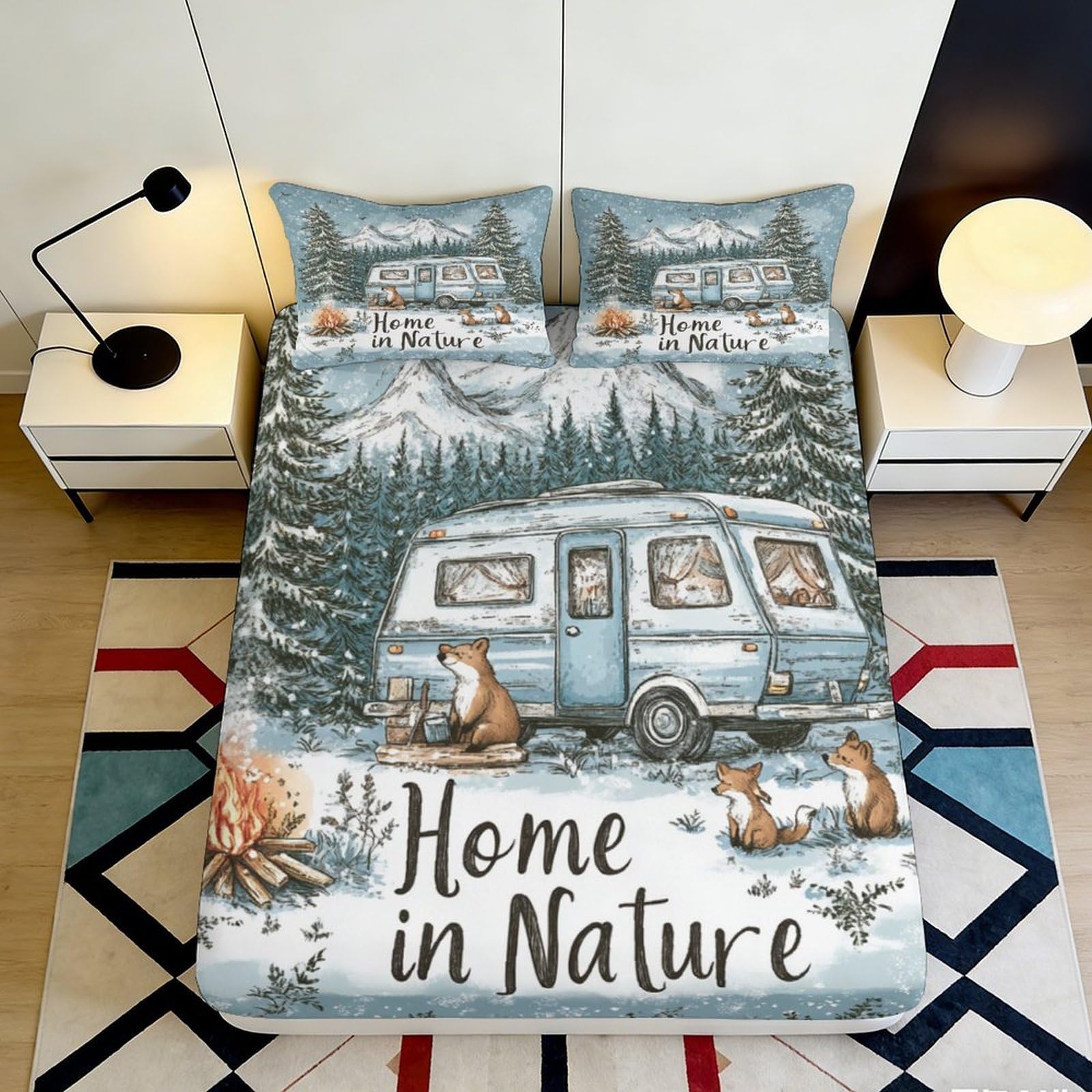 3D Printed Camper Forest Fitted Sheet Microfiber Soft Mountain Animal Bed Cover for Bedroom Guestroom Decor 90x200x25cm