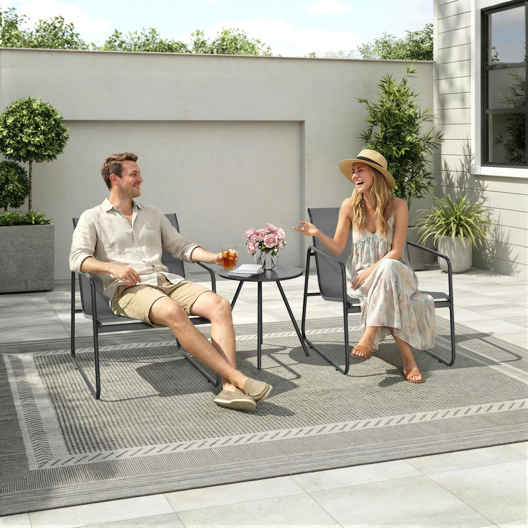 Pamapic Set Tavolo e Sedie da Giardino da 3 Pezzi, Set da Bistrò con Tavolo e 2 Sedie, Tessuto Textilene Traspirante, Salotto da Giardino Esterno, Set da Esterno, Balcone, Bistrot, Veranda, Grigio