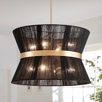 Shrine Lighting Black Boho Chandelier, Modern Design, Boho Drum Pendnat Light for Dining Room, D18 x H12, Adjustable 47, E12*8 Sockets, Black Rope Lampshade&French Gold Finish Frame