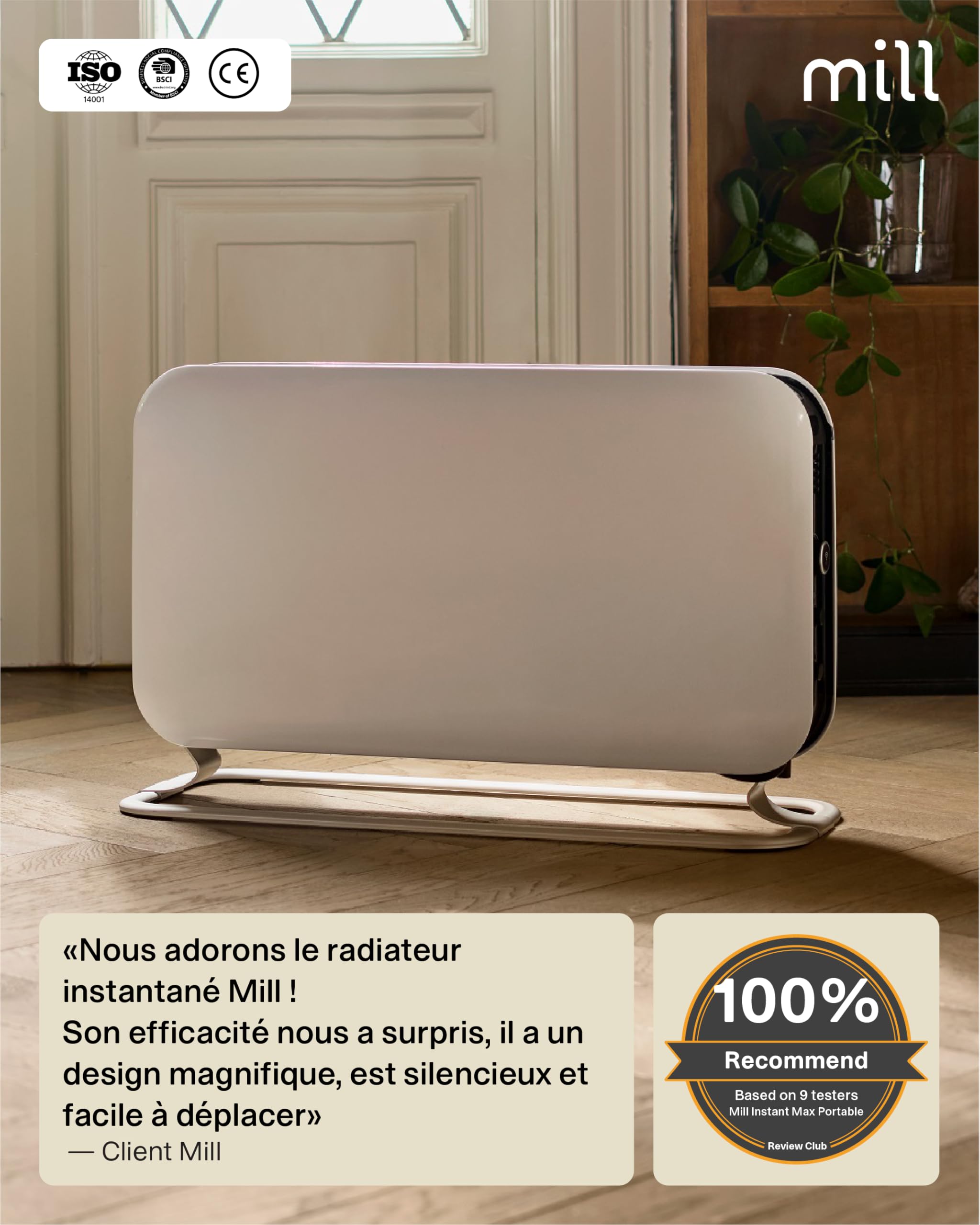 Mill Radiateur Electrique Instant Max 2200W – Radiateur d’appoint, pour 26–30m², Chauffage Portable Rapide et Silencieux avec écran LED, Convecteur Électrique Design Norvégien
