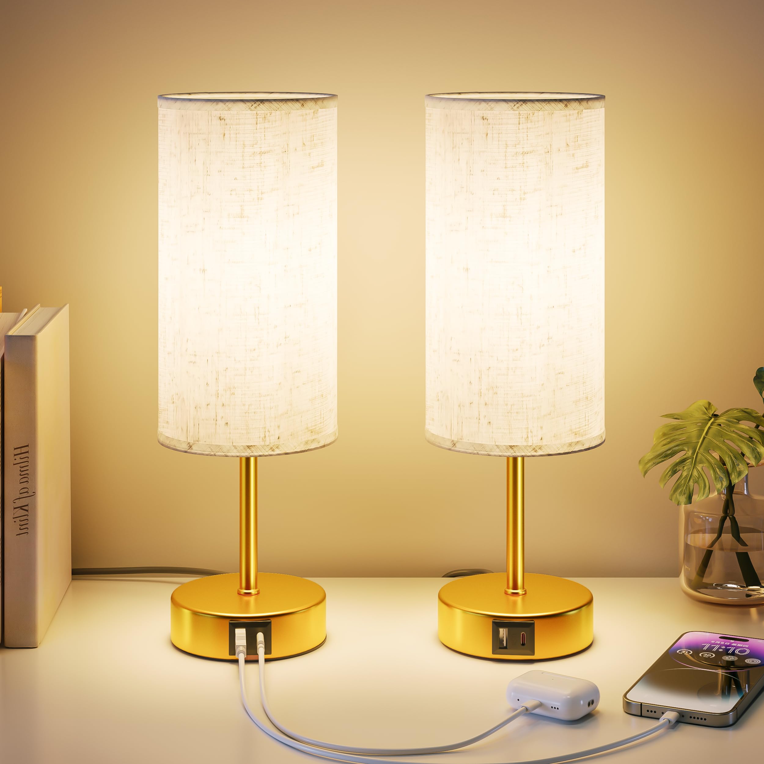 UPXNBOR Bedside Lamps Set of 2, Table Lamp for Bedroom/Living Room/Study Room/Office with USB A+C Ports, Reading Light, Desk Lamp, 1.5m Cable, Linen Fabric Shade, Gold Metal Base (E27 Bulb Incl.)