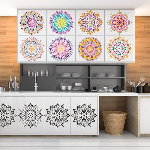 Miniatura 6 de Paquete de 9 plantillas de Rangoli grandes de 12 x 12 pulgadas, plantillas de mandala, plantilla de pintura cortada con láser para arte de