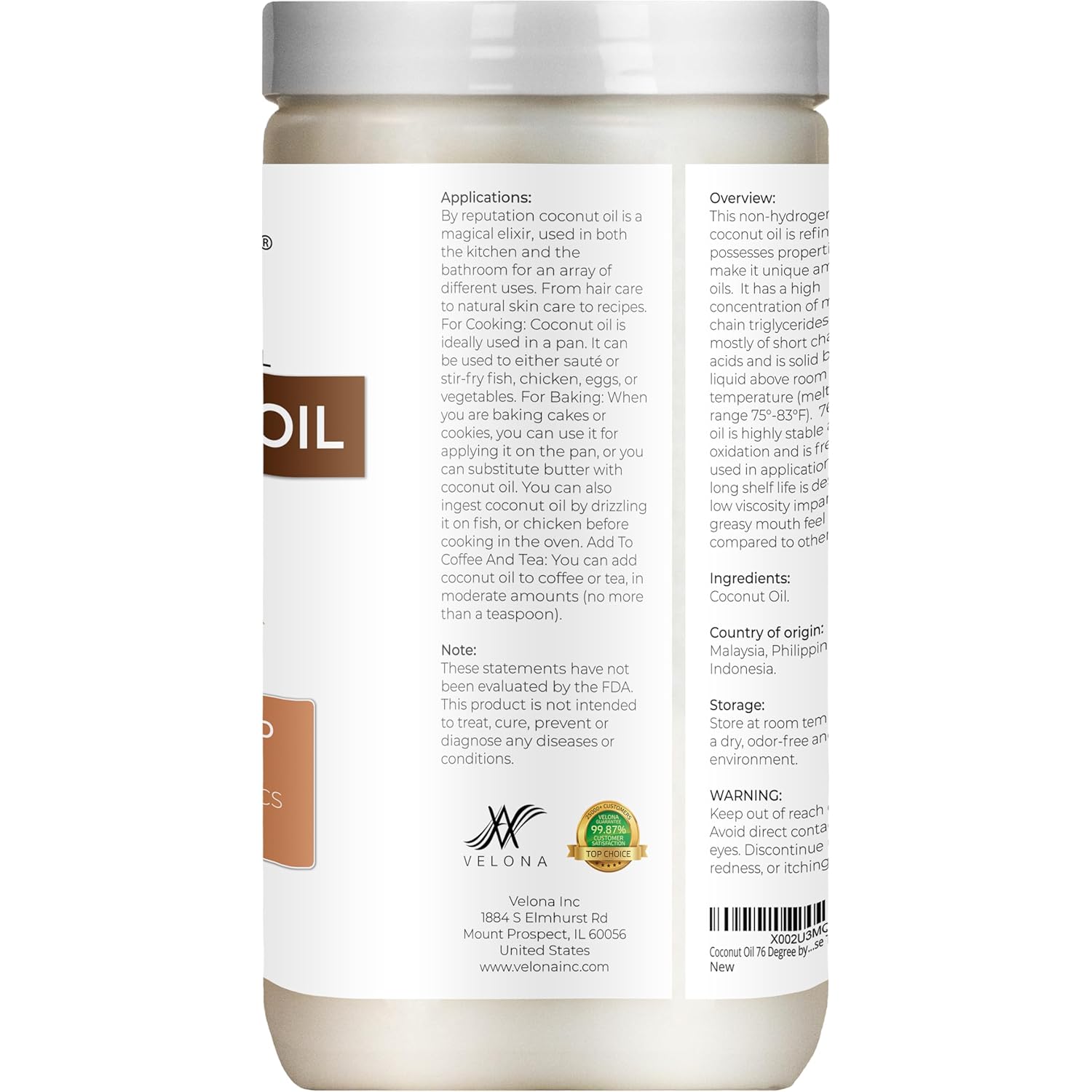velona Coconut Oil 76 Degree 64 fl oz | 100% Pure and Natural Carrier Oil | in jar | Refined, Cold pressed | Skin, Face, Body, Hair Care | Use Today - Enjoy Results