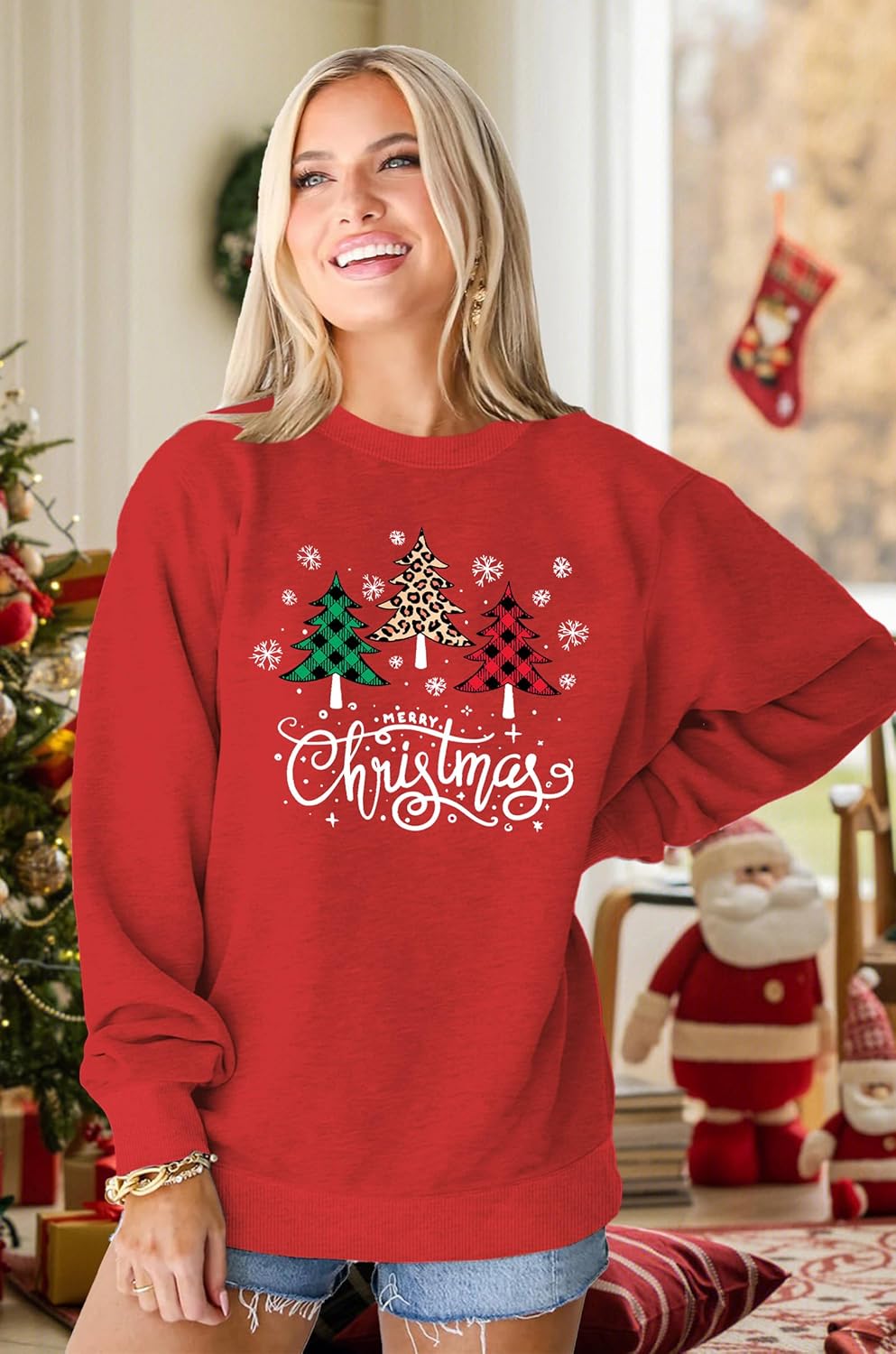NEWWEN Christmas Sweatshirts for Women Christmas Tree Leopard Plaid Graphic Sweatshirt Xmas Holiday Party Gift Pullover Tops - Image 4