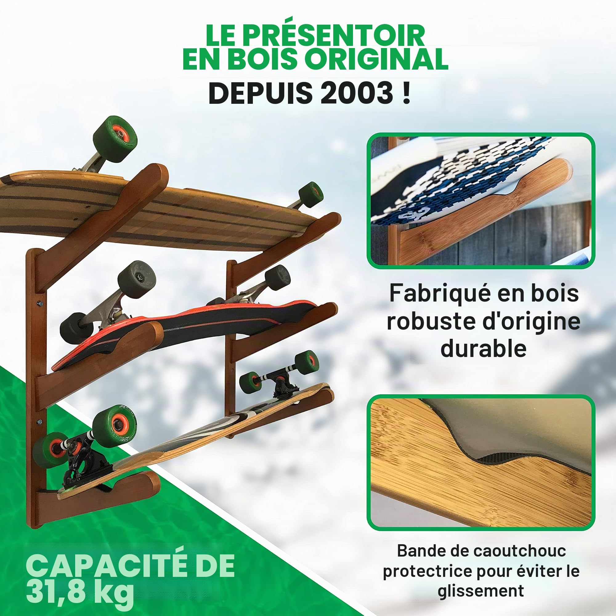 COR Surf Support Mural Multiple en Bois pour Planches de Surf – Porte-Planches de Surf en Bambou