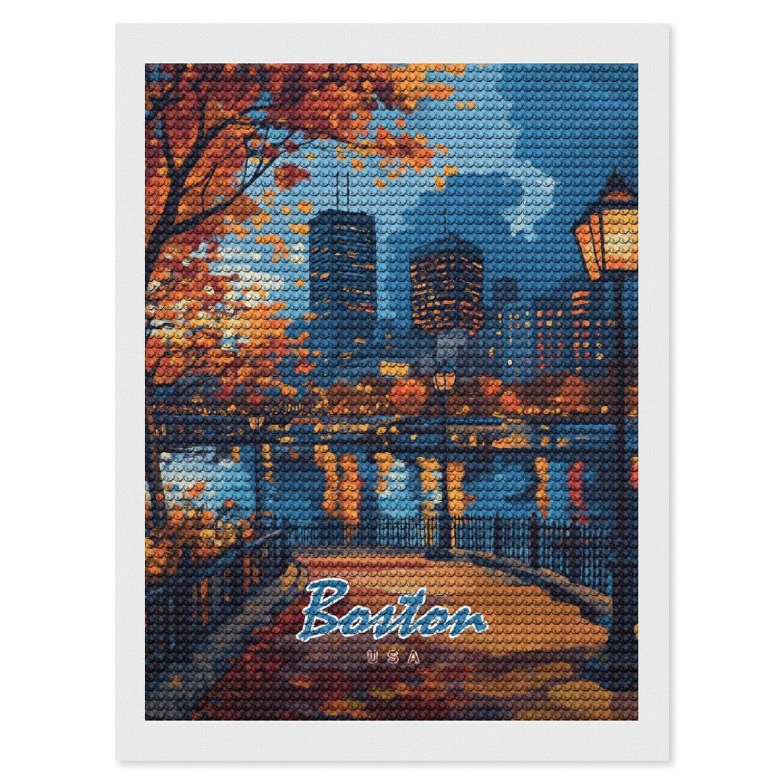 Junmoney Boston Cityscape Painting Diamond Art Canvas 12"x16", for Teens, Nice Detail and Sparkle, Farmhouse Decor, Festive Craft Gift, Easy to Enjoy