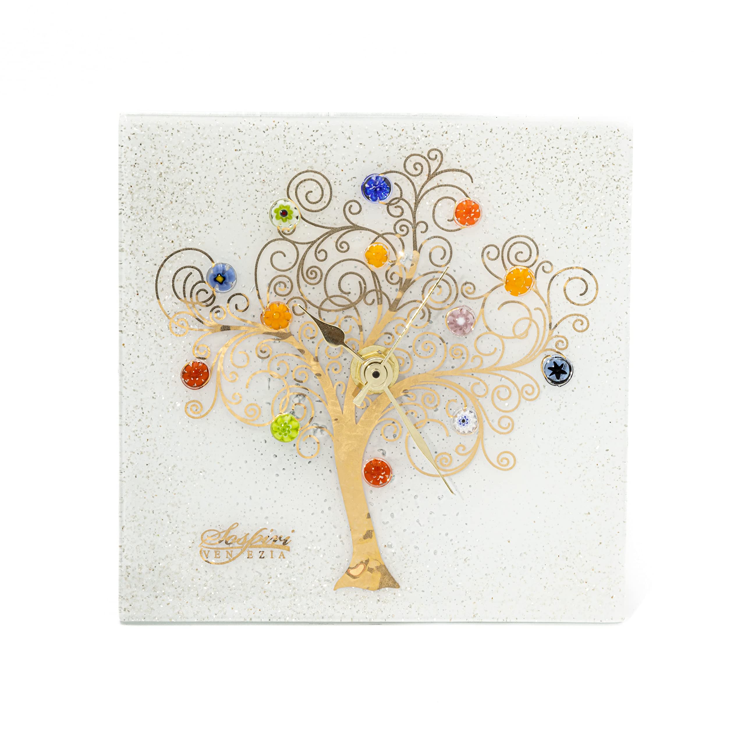 Sospiri Venezia Reloj de Mesa Cristal Murano Mecanismo Silencioso Decorado Murrine y Hoja de Oro Idea Regalo Hecho a Mano Made Italy (19x19)