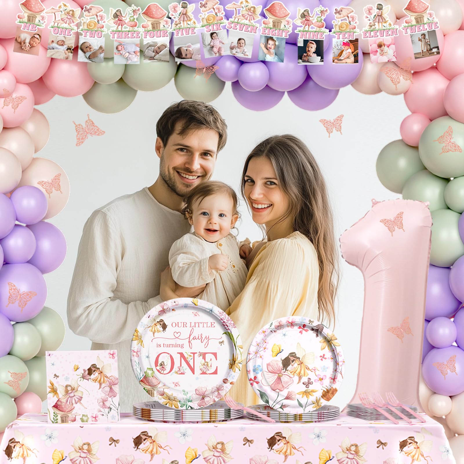 Fairy First Birthday Decorations Set - Butterfly Floral Backdrop & Balloons For Girls 1st Birthday Party