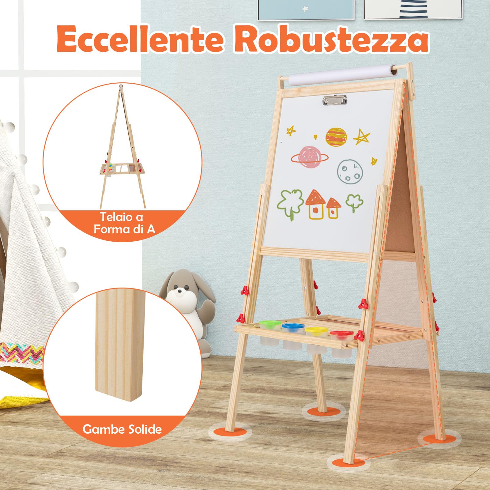 COSTWAY 3 in 1 Cavalletto per Bambini, Cavalletto Doppia Faccia Regolabile con Lavagna Magnetica e Bianca, Rotolo di Carta, 4 Bicchieri per Vernice e Vassoio per Stoccaggio, per Bambini 3-10 Anni