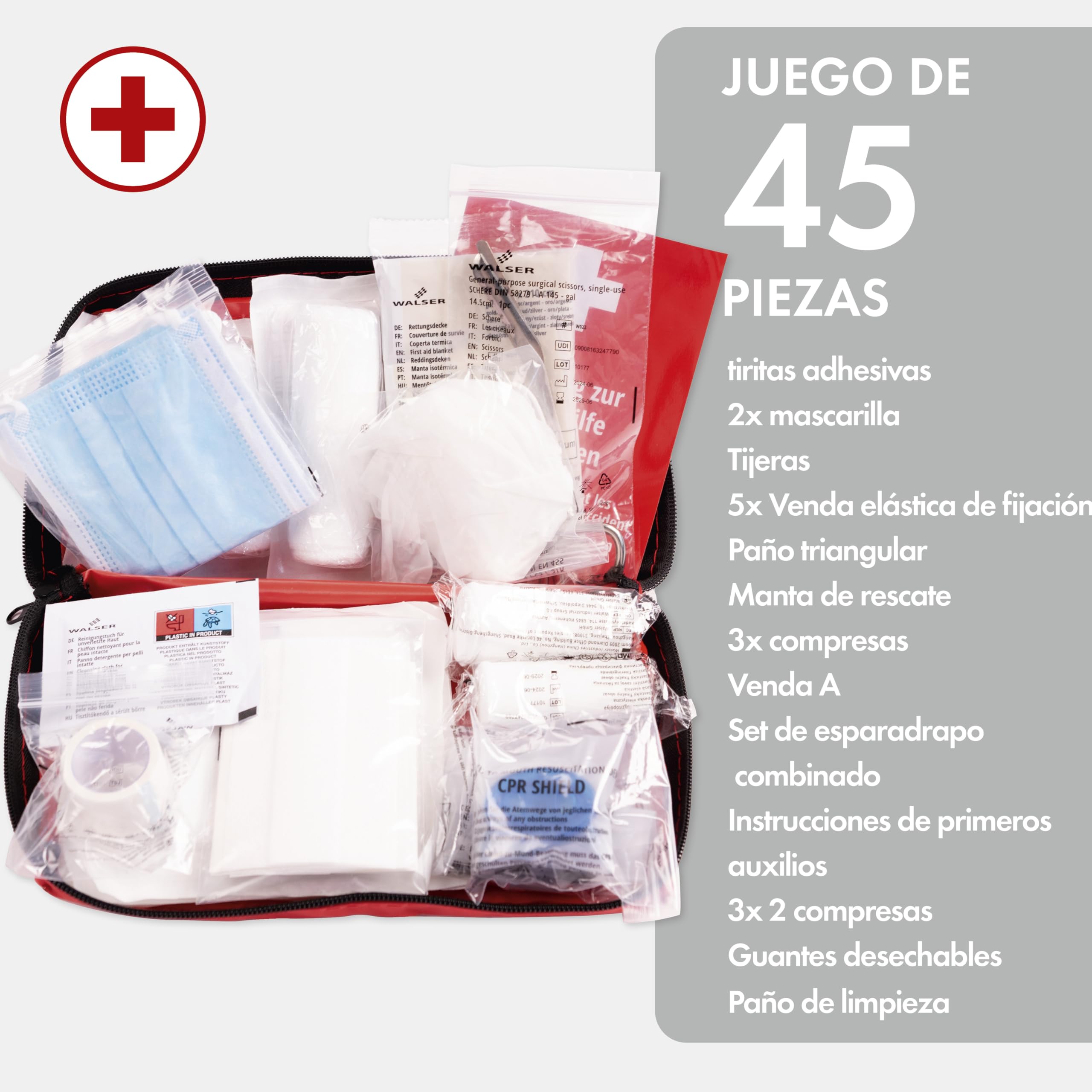 WALSER Bolsa de primeros auxilios para coche DIN 13164:2022 kit rojo 44283