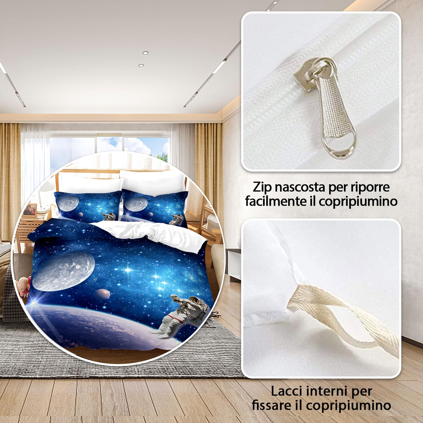 Set di biancheria da letto a tema spazio per bambini, 3D cielo stellato universo, biancheria da letto per bambini, pianeta, cielo notturno, copripiumino universo (D, 220x240cm)