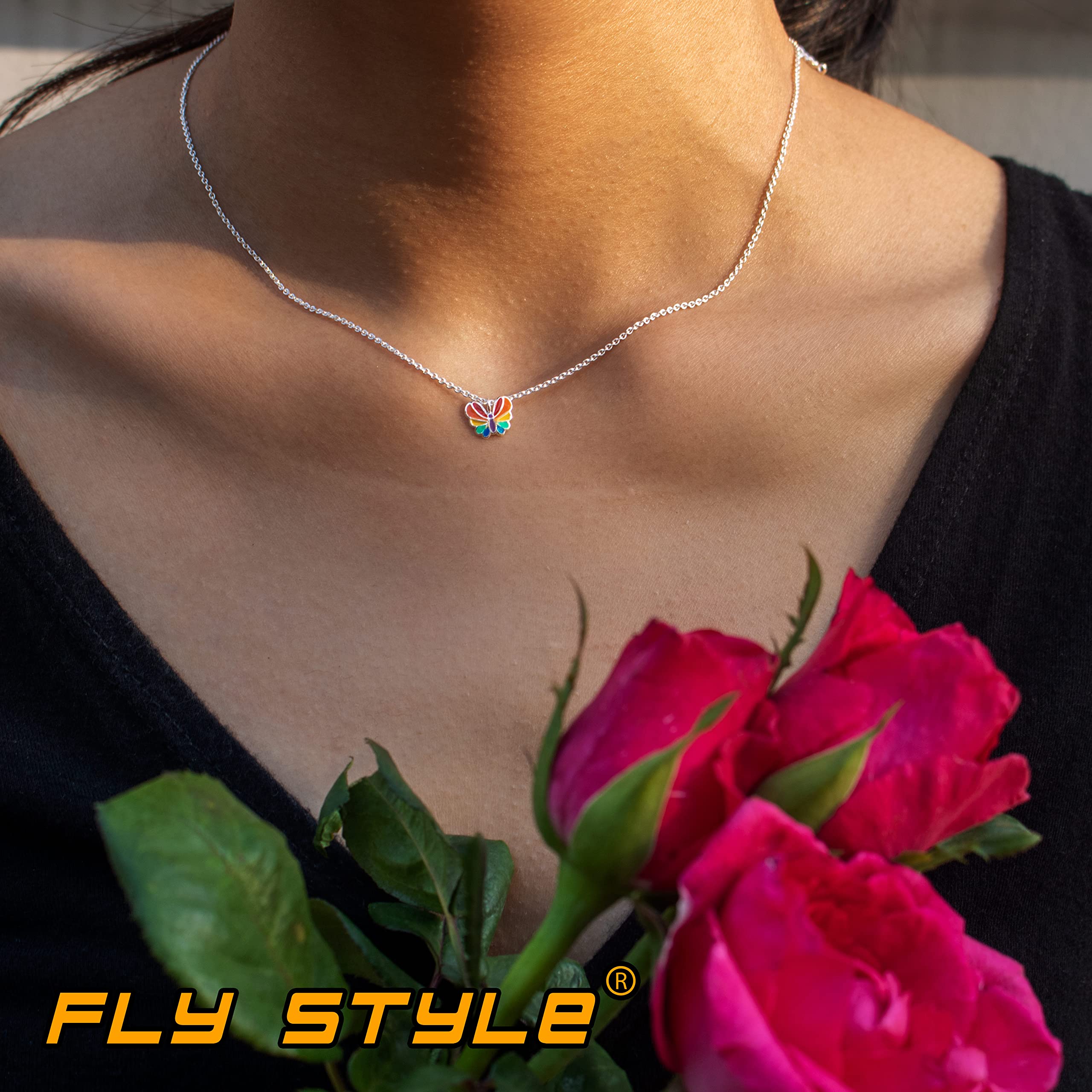 Fly Style Schmetterling Regenbogen Anhänger für Kinder/Mädchen/Damen mit Kette Silber/Kinderschmuck Mädchen