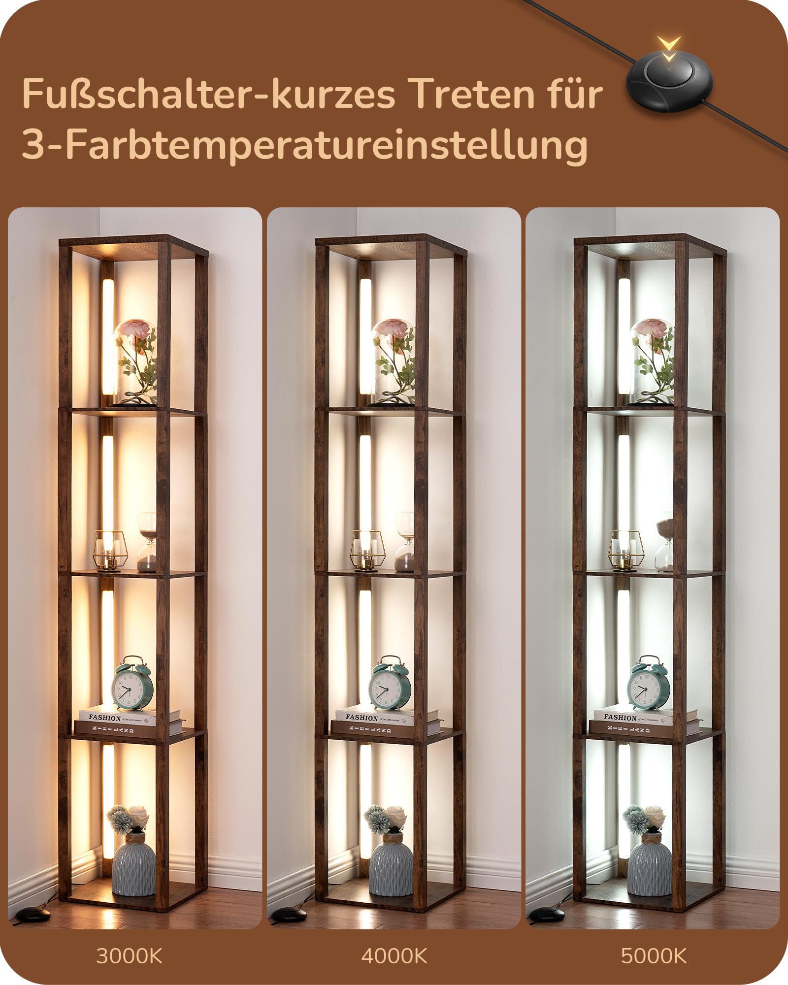 EDISHINE Stehlampe mit Regal Dimmbar, 3 Farbtemperaturen, 20W 1530 Lumen 163 cm Eckregal mit 360° drehbare LED-Leuchten und Fußschalter, Moderne Innenbeleuchtung mit 4 Ablagen, Stehleuchte Wohnzimmer