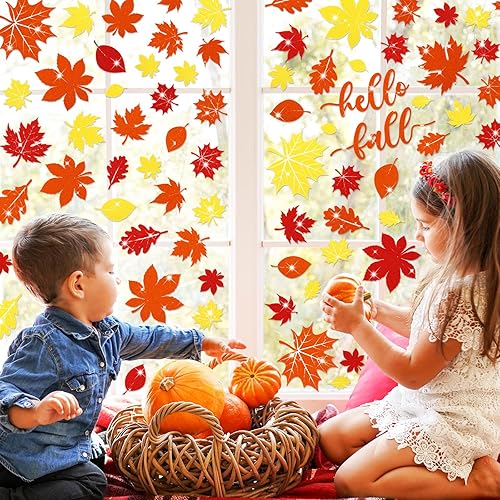 Miniatura 3 de Whaline 105 calcomanías de ventana de hojas de arce con purpurina de otoño, coloridas calcomanías de ventana de doble cara para otoño, cosecha de