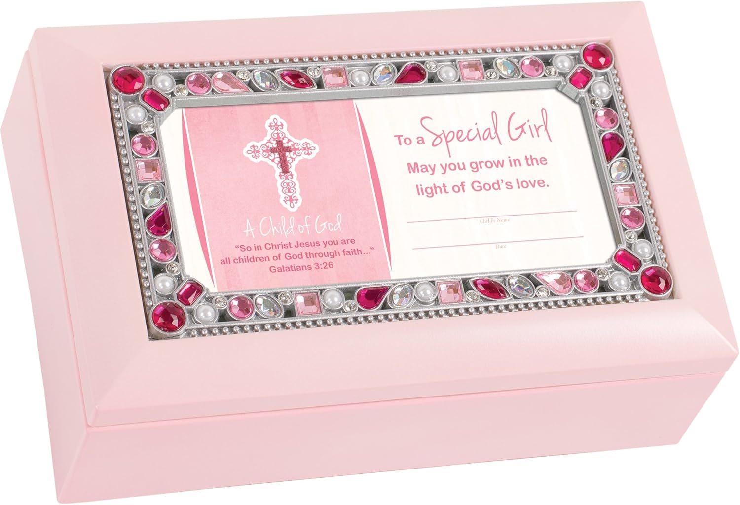 Cottage Garden Child of God in Christ Through Matte Pink Jewelry Music Box Plays Jesus Loves Me