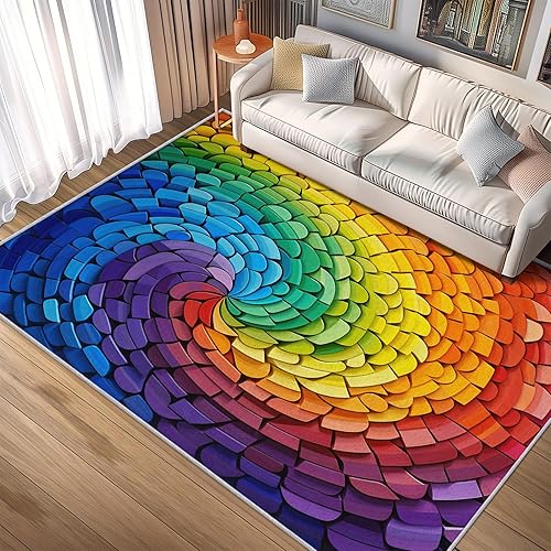 Miniatura 23 de Alfombras retro para sala de estar, de 7 x 7 pies, diseño de patrón de remolinos ondulados, rayas abstractas, de los años 70, alfombra de área retro