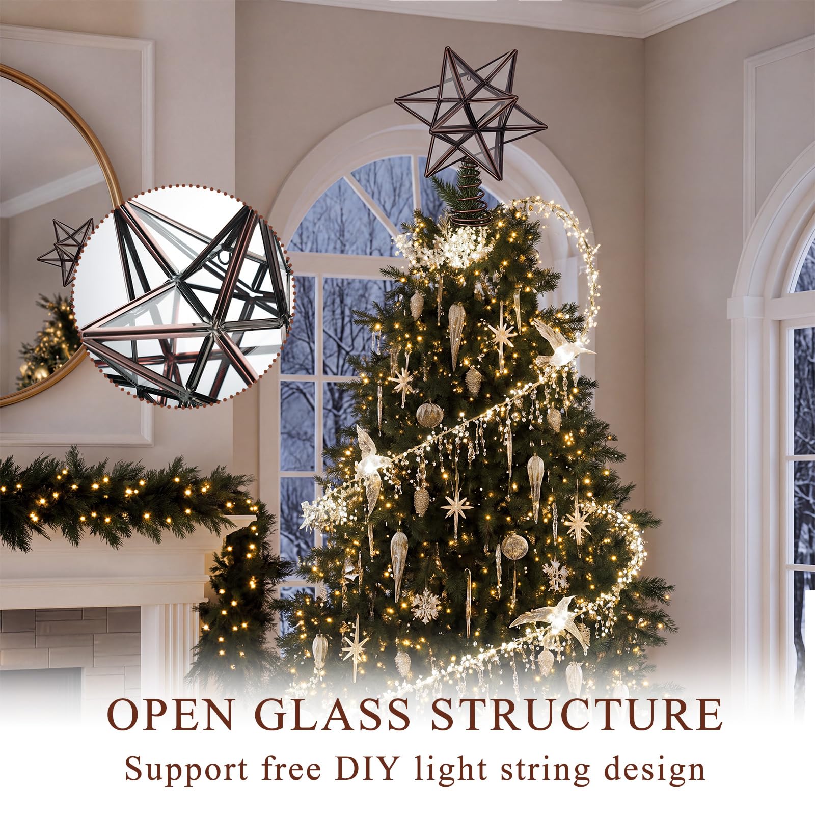 Gejoy 20 cm Weihnachtsbaumspitze aus Glas, mährischer Stern, Baumkrone, Ornament für Baum, Zuhause, Bauernhaus, Urlaub, Party-Dekorationen