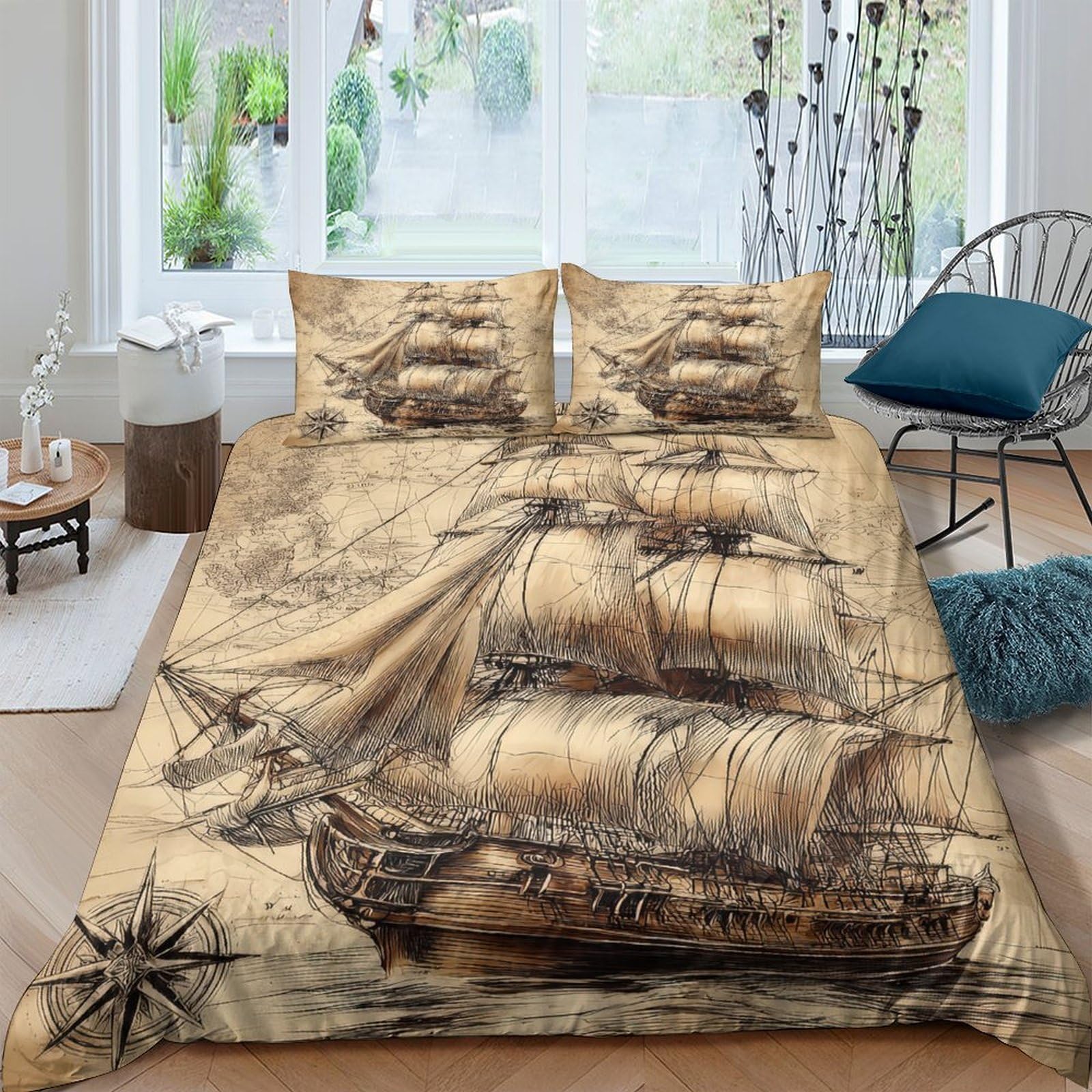 Ctjqhvkz Style-2 3D Printed Vintage Sailing Ship Fitted Sheet Microfiber Soft Anti-Slip Nautical Map Mattress Cover For Bedroom Guest Room Decor Single（135X200cm）